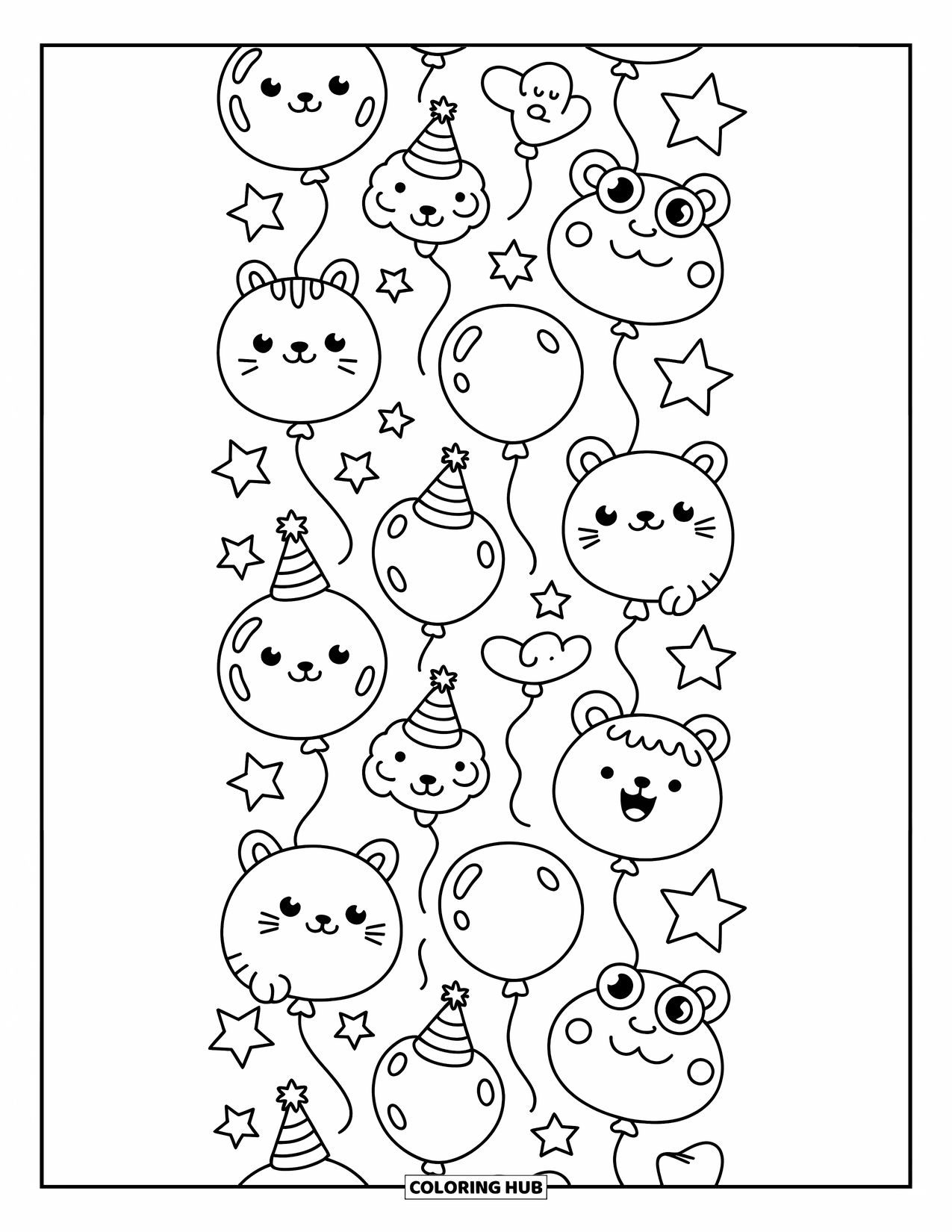Pattern Coloring Page for Adults: Cat, bear, and frog balloons float with hats and stars in a playful pattern