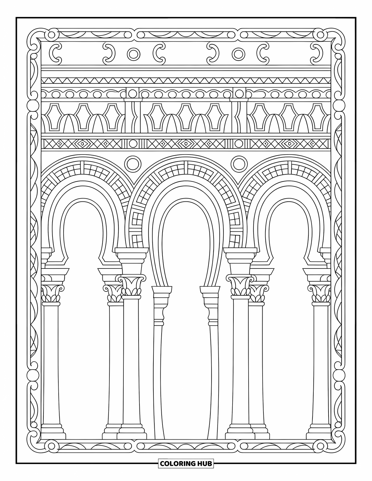 Pattern Coloring Page for Adults: Columns, arches, and scrolls create a structured, classical architectural layout