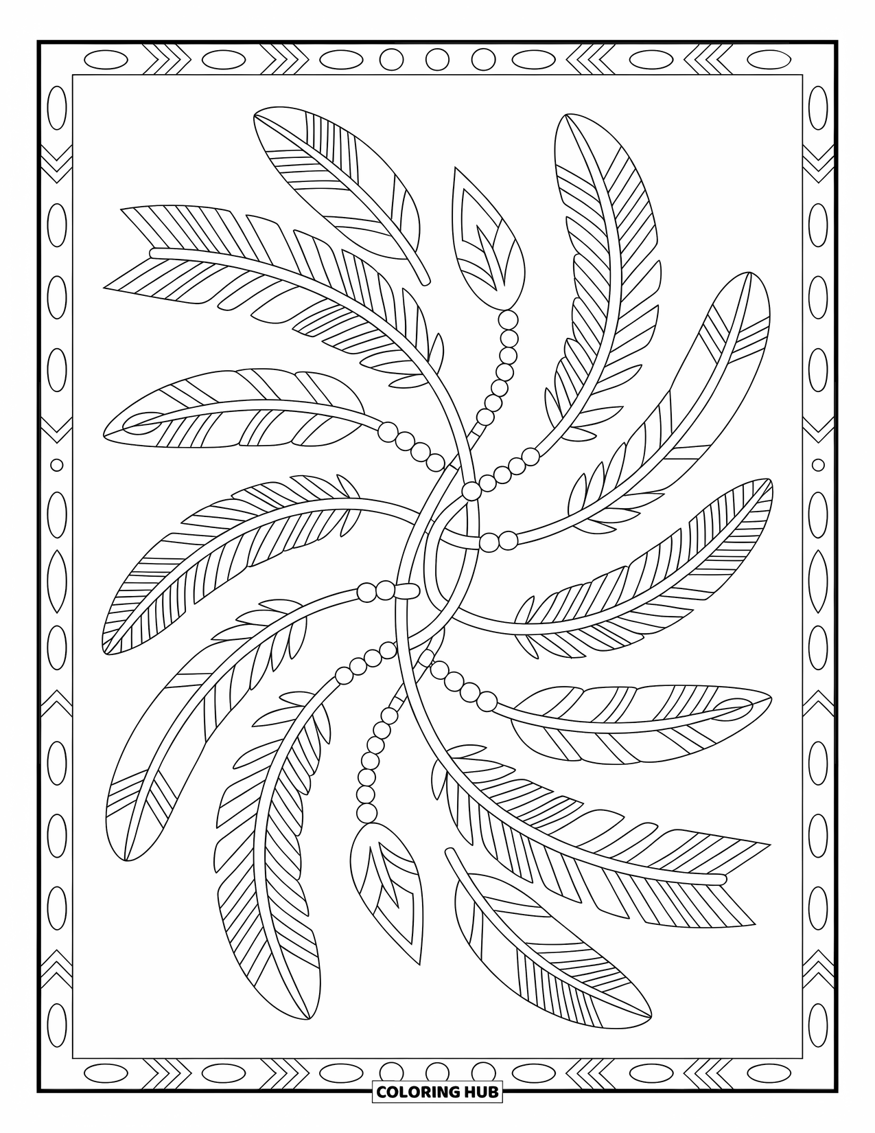 Pattern Coloring Page for Adults: Feathers, arrowheads, and beads flow in a tribal-inspired circular pattern with balanced symmetry