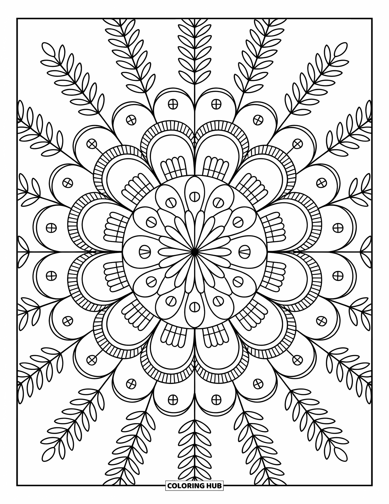 Pattern Coloring Page for Adults: Fern leaves and seed pods curl through geometric mandala circles in a calming layout