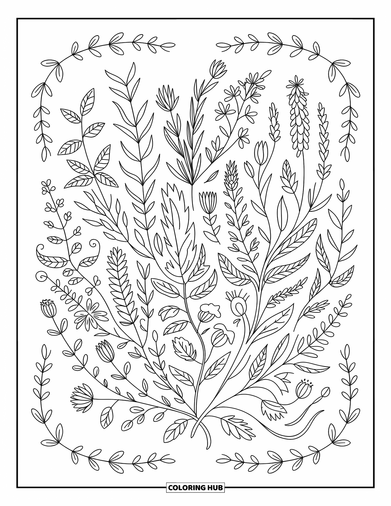 Pattern Coloring Page for Adults: Flowers, herbs, and twisting roots bloom within a rich circle of vines and pods
