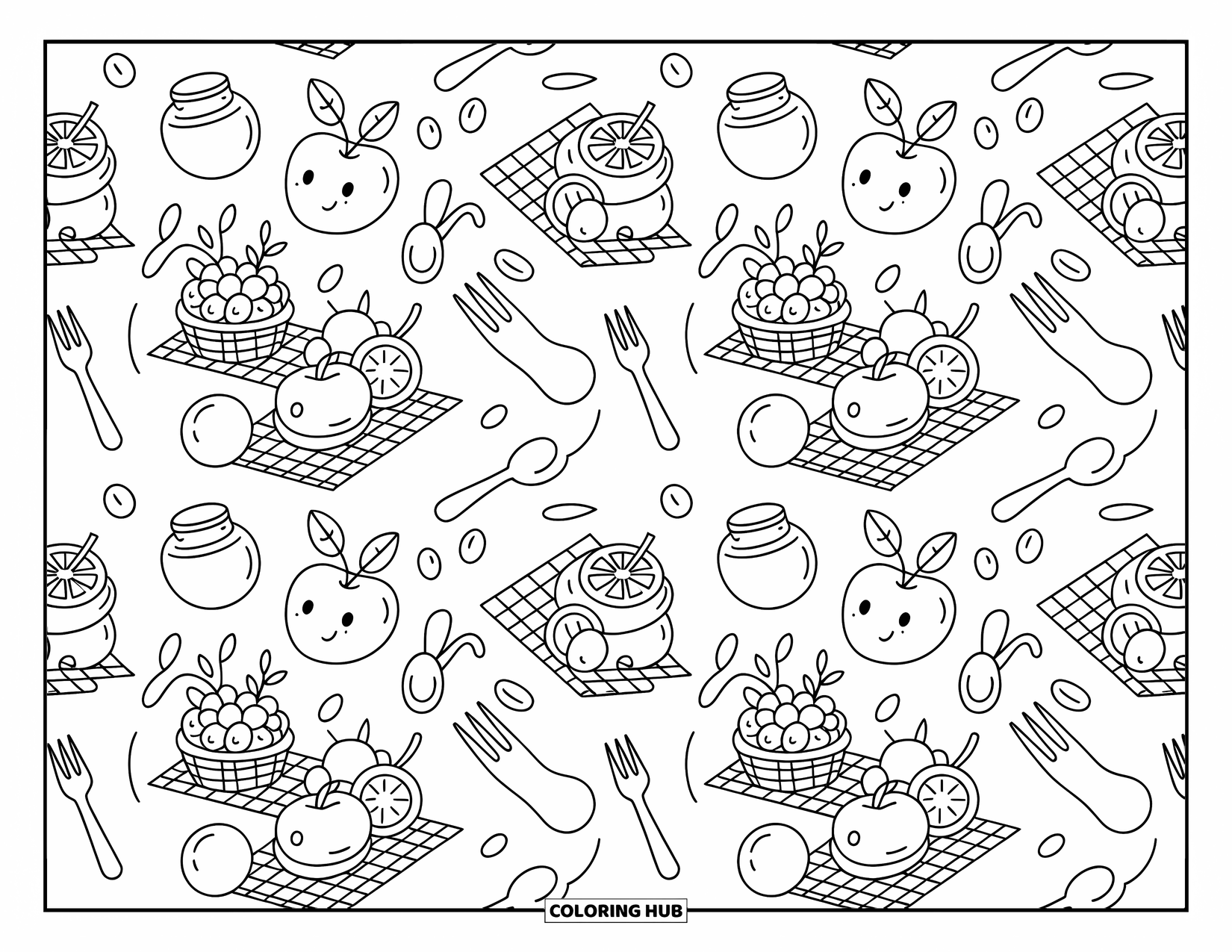 Pattern Coloring Page for Adults: Fruits, baskets, and jars form a cozy, cheerful picnic scene