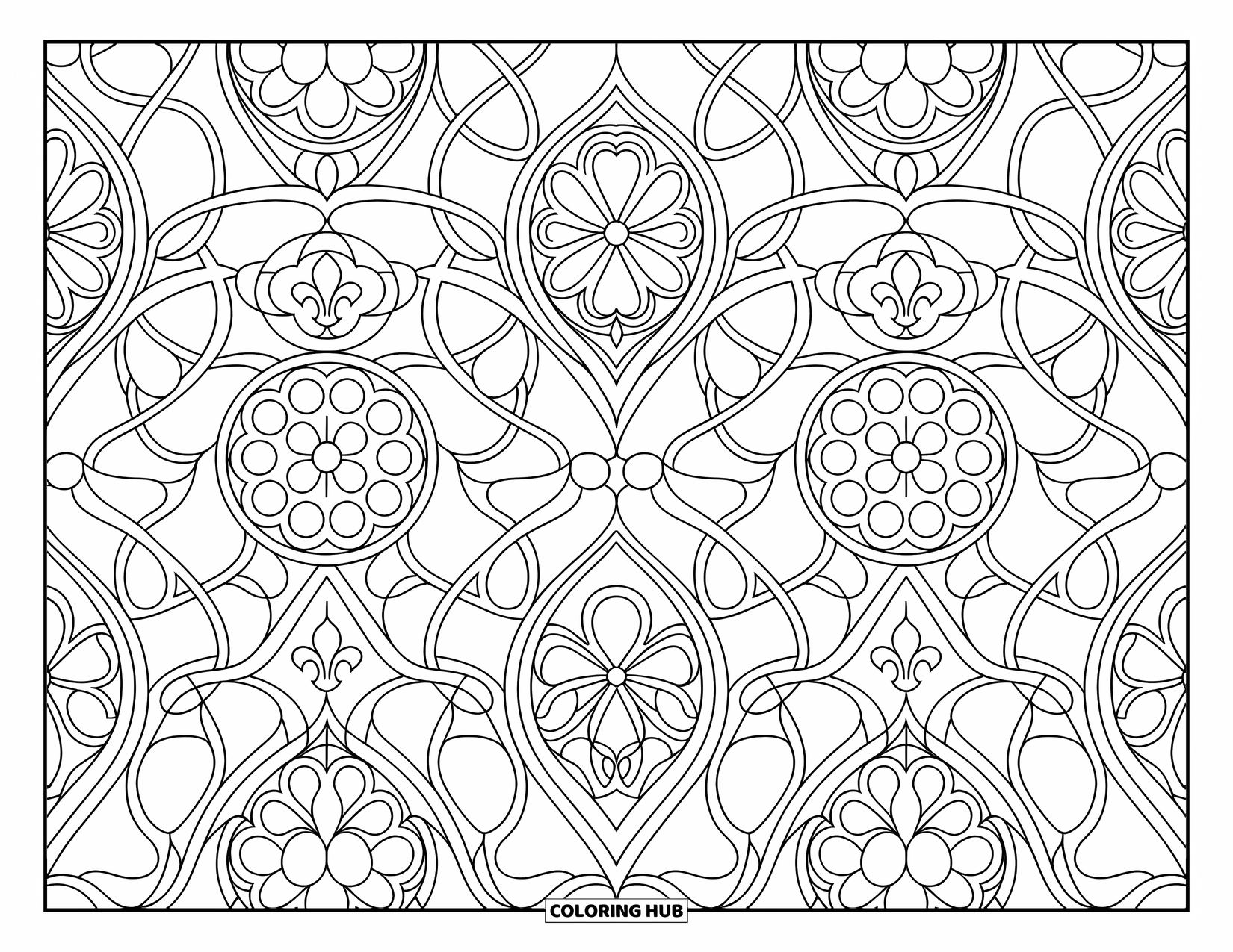 Pattern Coloring Page for Adults: Gothic windows, arches, and fleur-de-lis connect through swirling vines and scrolls