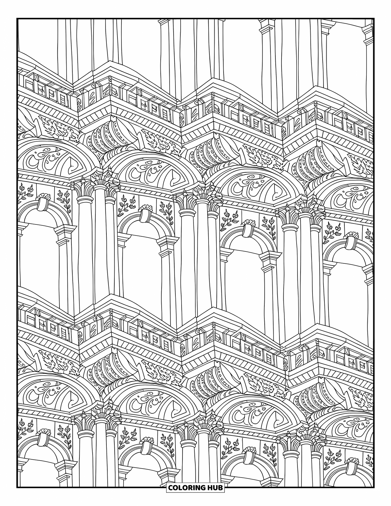Pattern Coloring Page for Adults: Graceful columns and arches with scroll details repeat in a tiled, elegant pattern