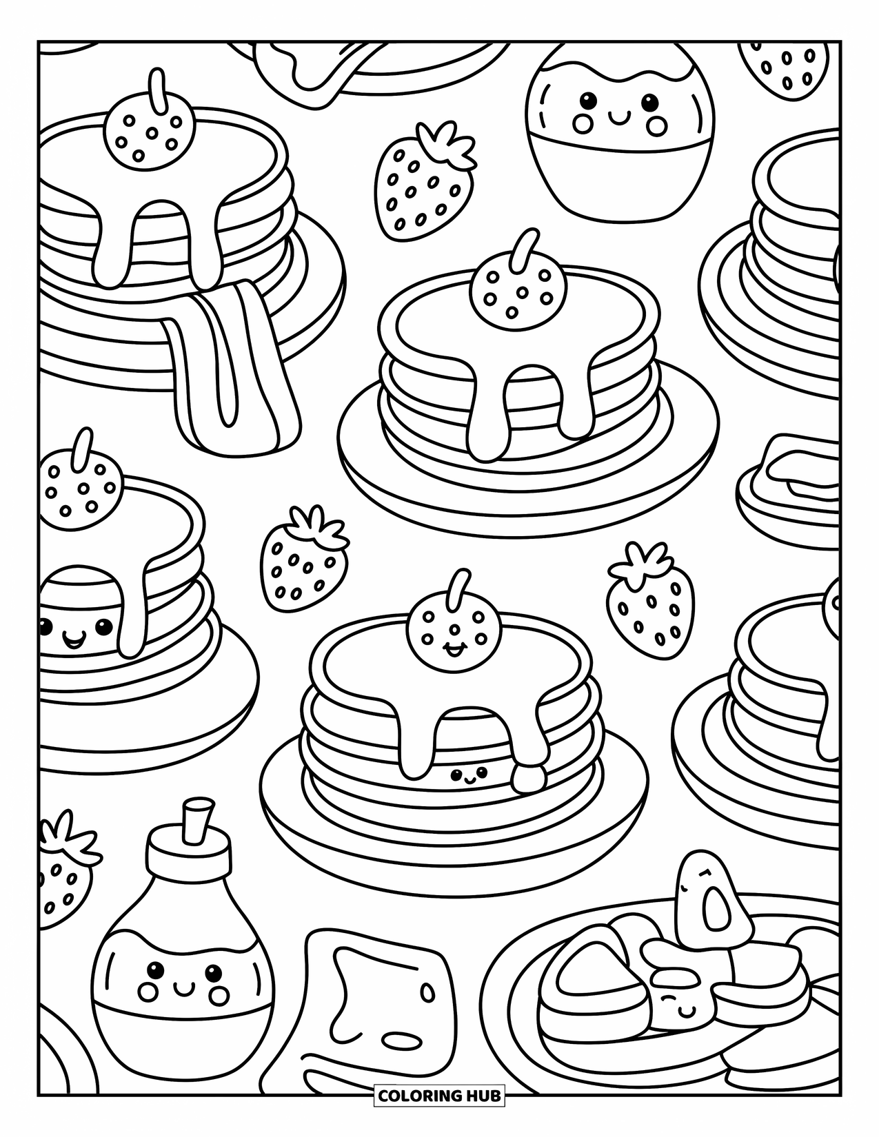 Pattern Coloring Page for Adults: Happy pancakes and syrup bottles repeat with tiny fruit and butter details