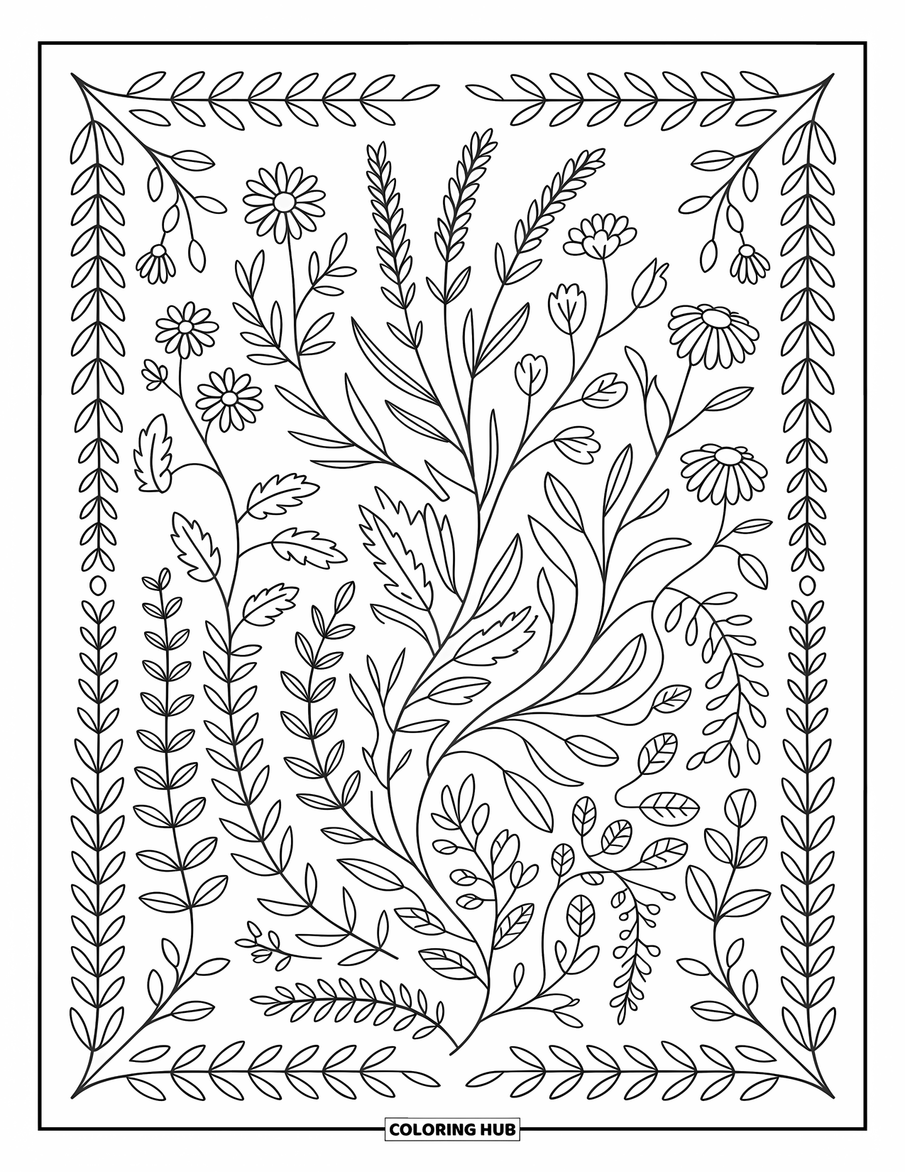 Pattern Coloring Page for Adults: Herbs and roots weave with flowers, vines, and leaves in a detailed botanical scene