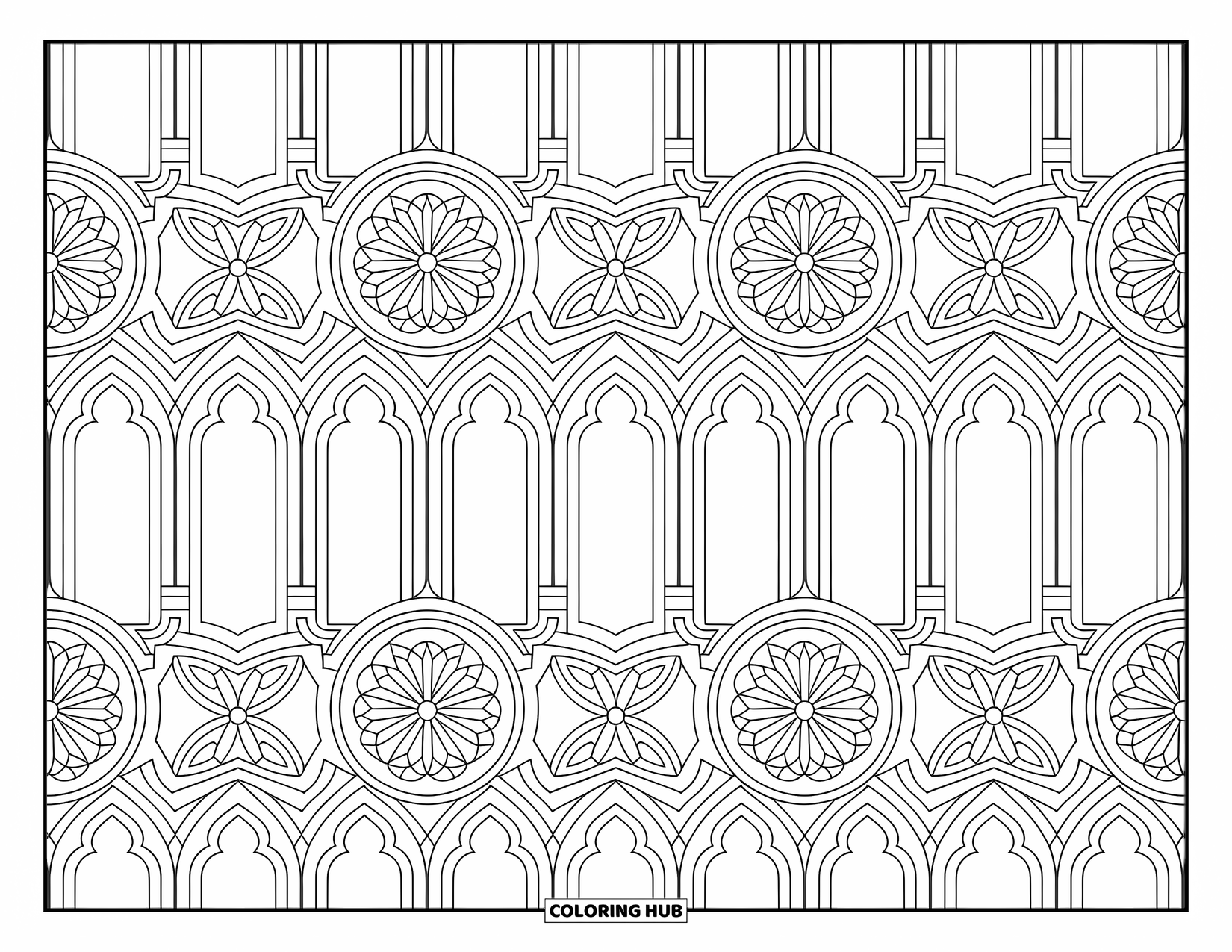 Pattern Coloring Page for Adults: Intricate gothic shapes and rose windows form a seamless, symmetrical pattern