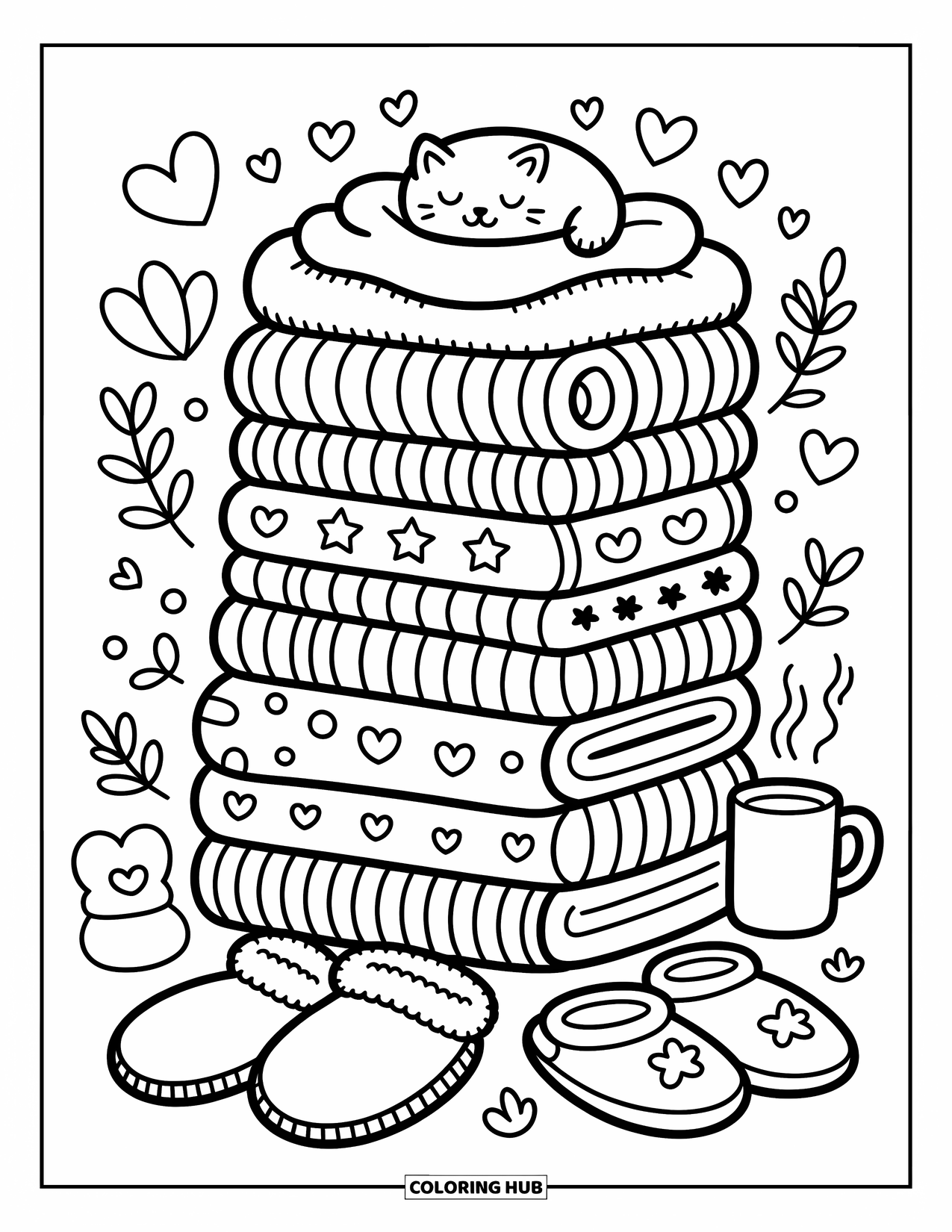 Pattern Coloring Page for Adults: Resting stars wrapped in blankets float with crescent moons and fluffy clouds