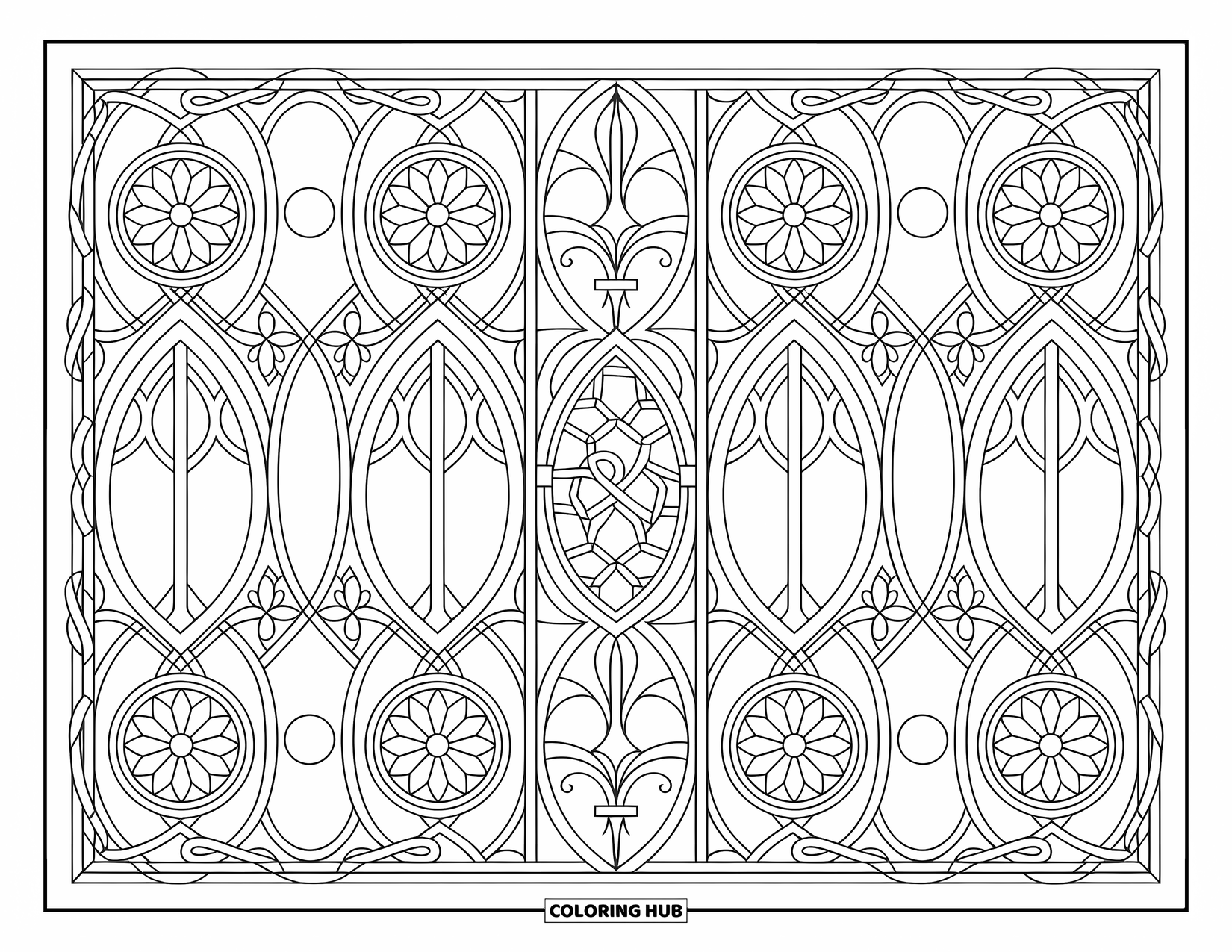 Pattern Coloring Page for Adults: Rose windows and pointed arches fill the page with balanced gothic elegance