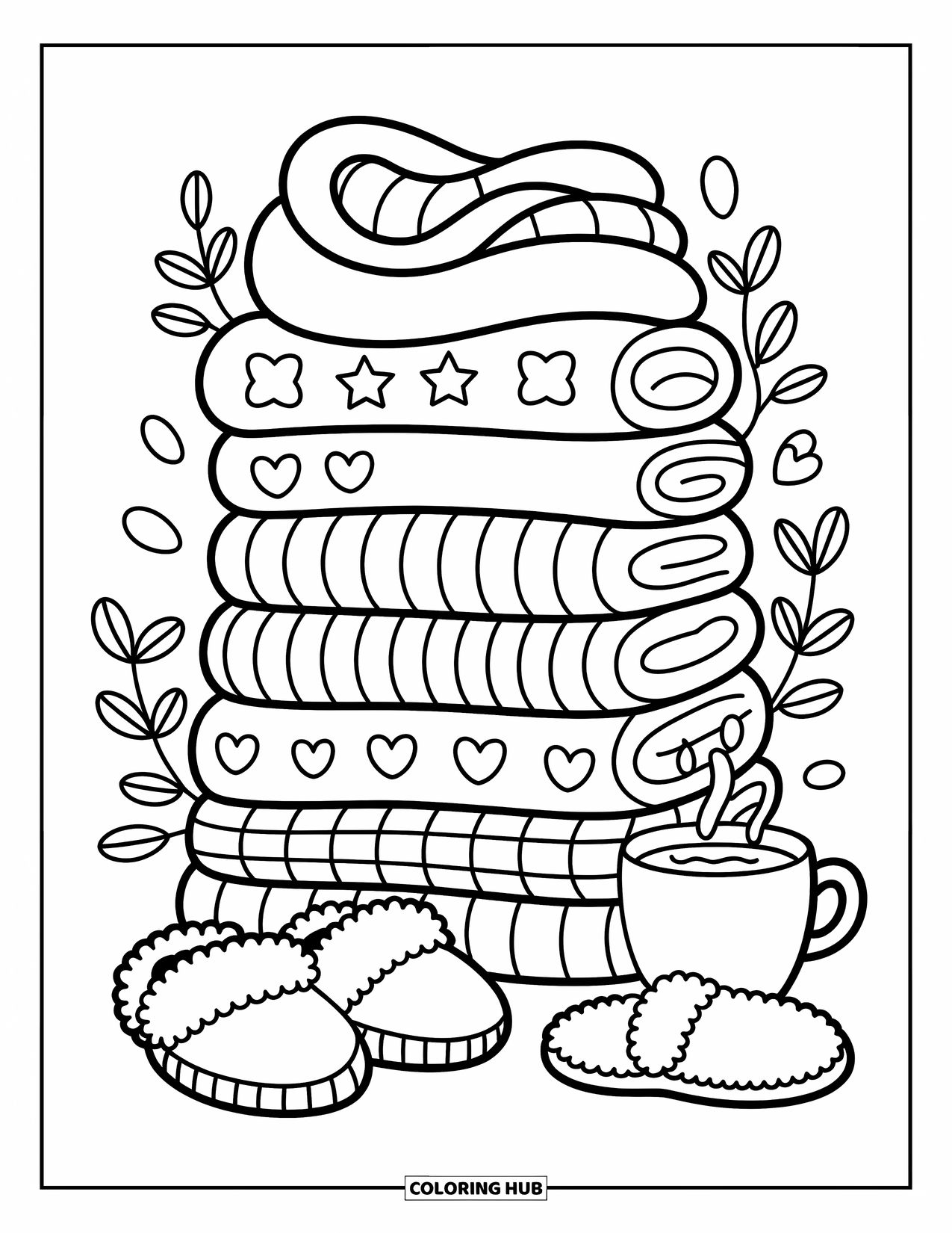 Pattern Coloring Page for Adults: Stacks of sweaters, sleepy cats, and warm mugs surrounded by mittens and vines