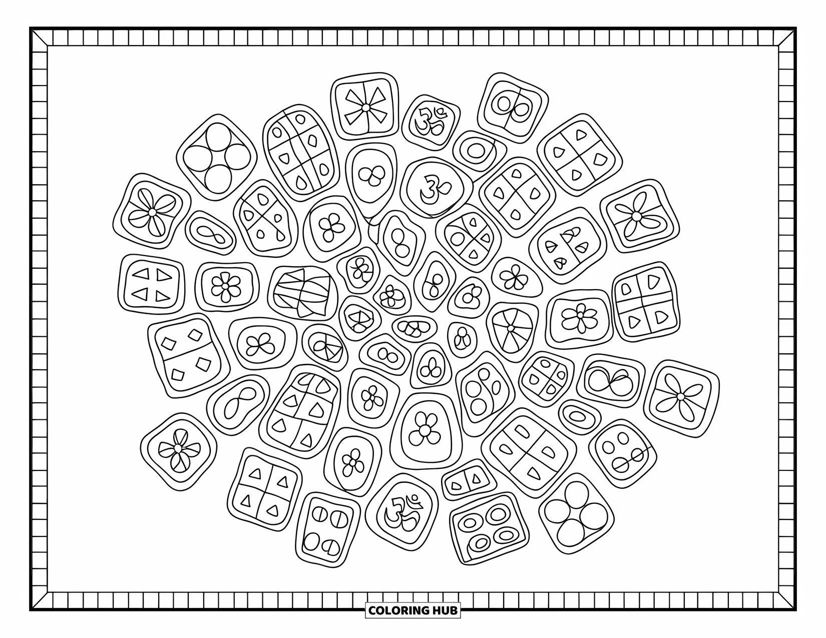 Pattern Coloring Page for Adults: Stylized tiles with patterns like triangles and stars form a mandala with decorative borders