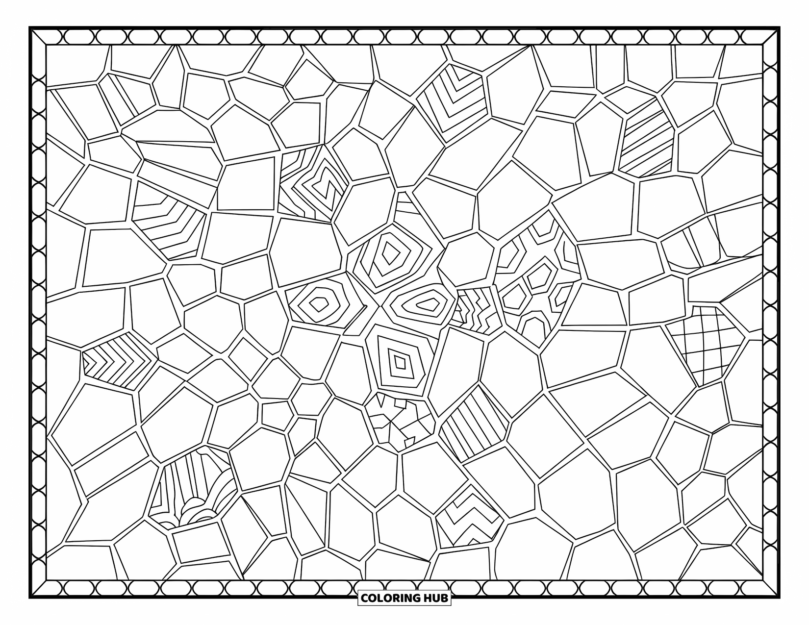 Pattern Coloring Page for Adults: Tiles with floral shapes and geometric details repeat in a flowing mosaic rhythm