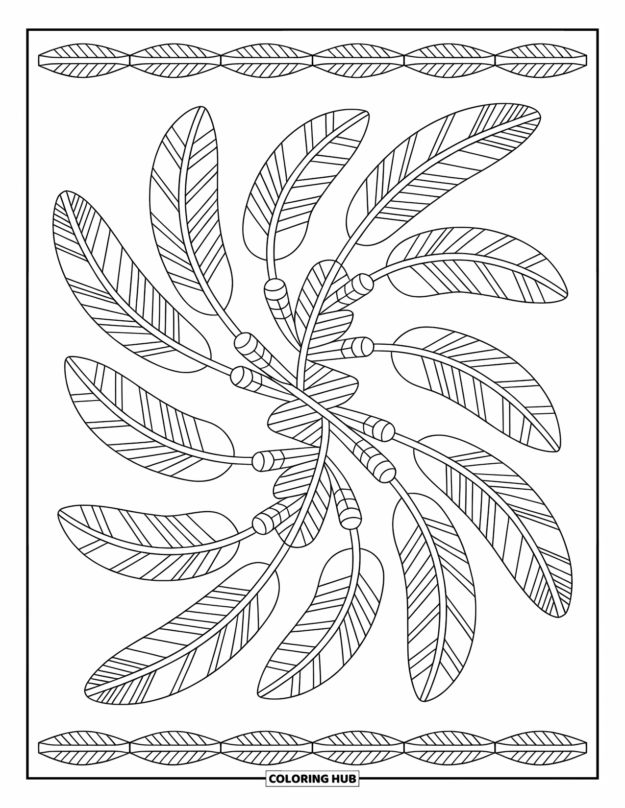 Pattern Coloring Page for Adults: Tribal feathers, chevrons, and bead patterns weave through a rhythmic circular arrangement