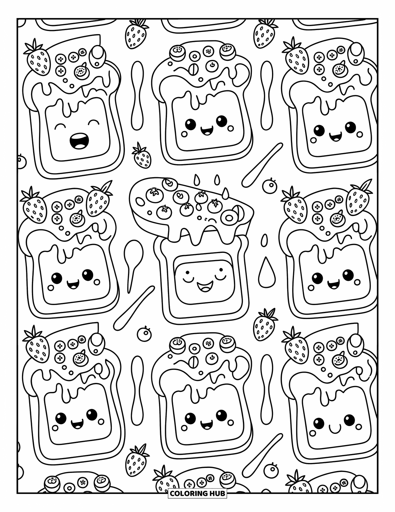 Pattern Coloring Page for Adults: Whimsical toast with toppings and faces repeat with spoons, berries, and milk cartons