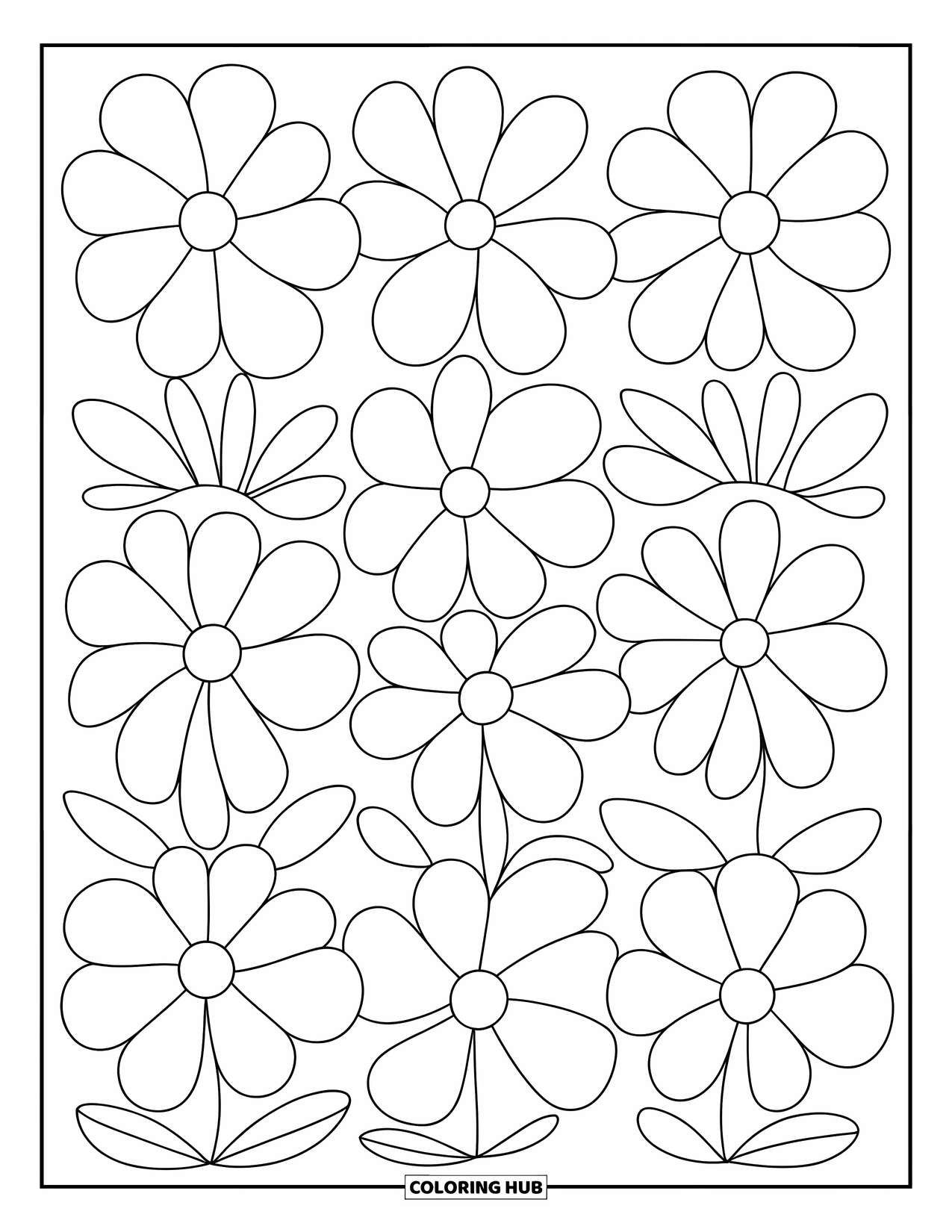 Pattern Coloring Page for Kids: Big flowers with dots and swirls bloom across the page in a cheerful pattern