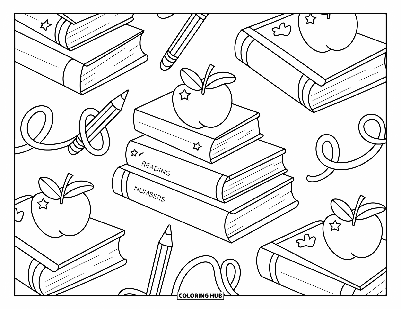 Pattern Coloring Page for Kids: Books with fun titles and twirly pencils mix with apples in a school-day swirl