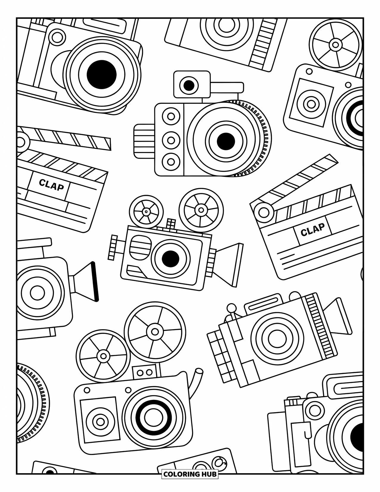 Pattern Coloring Page for Kids: Cameras and clapperboards repeat in a circle with detailed reels and retro charm