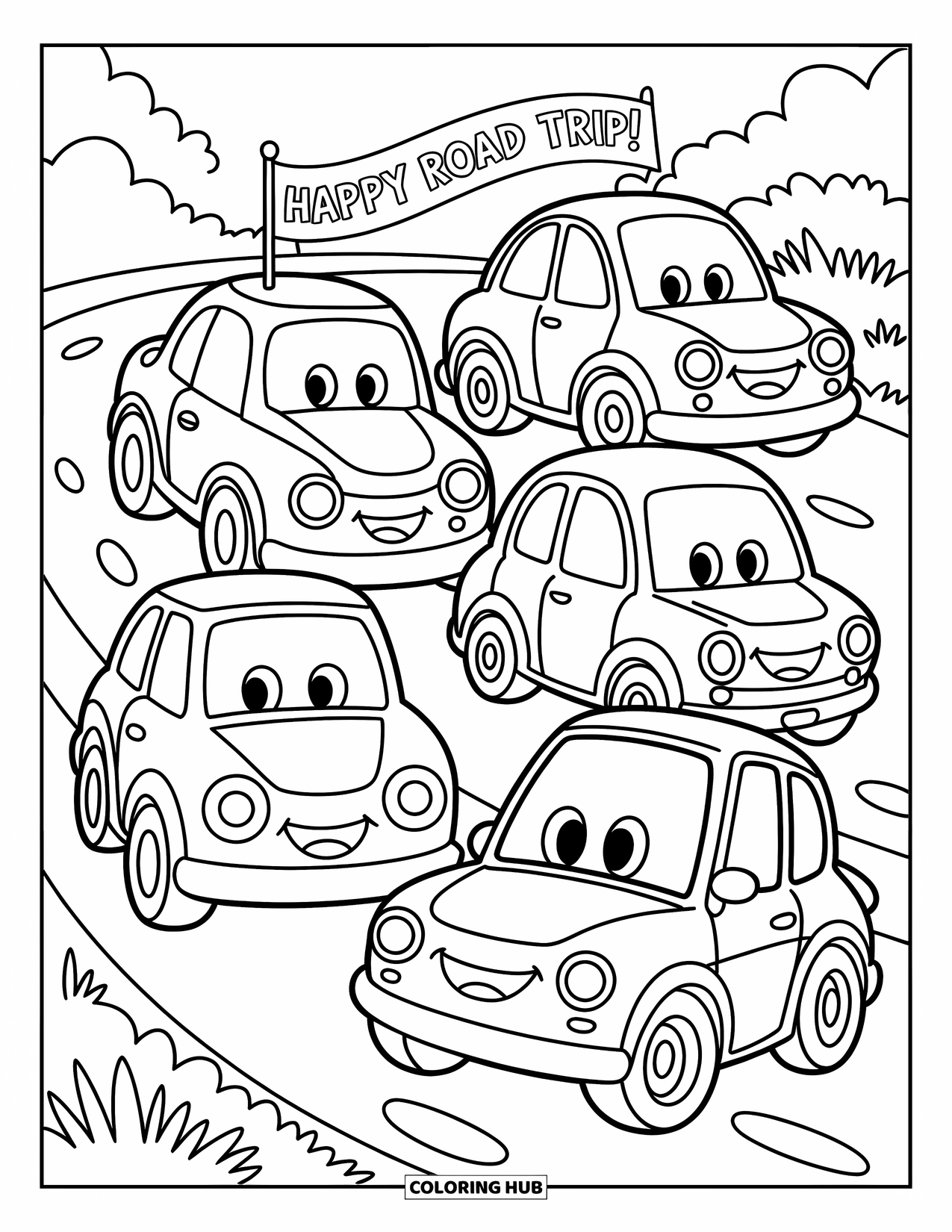 Pattern Coloring Page for Kids: Cartoon cars with big wheels and smiles line up under a "Happy Road Trip!" banner