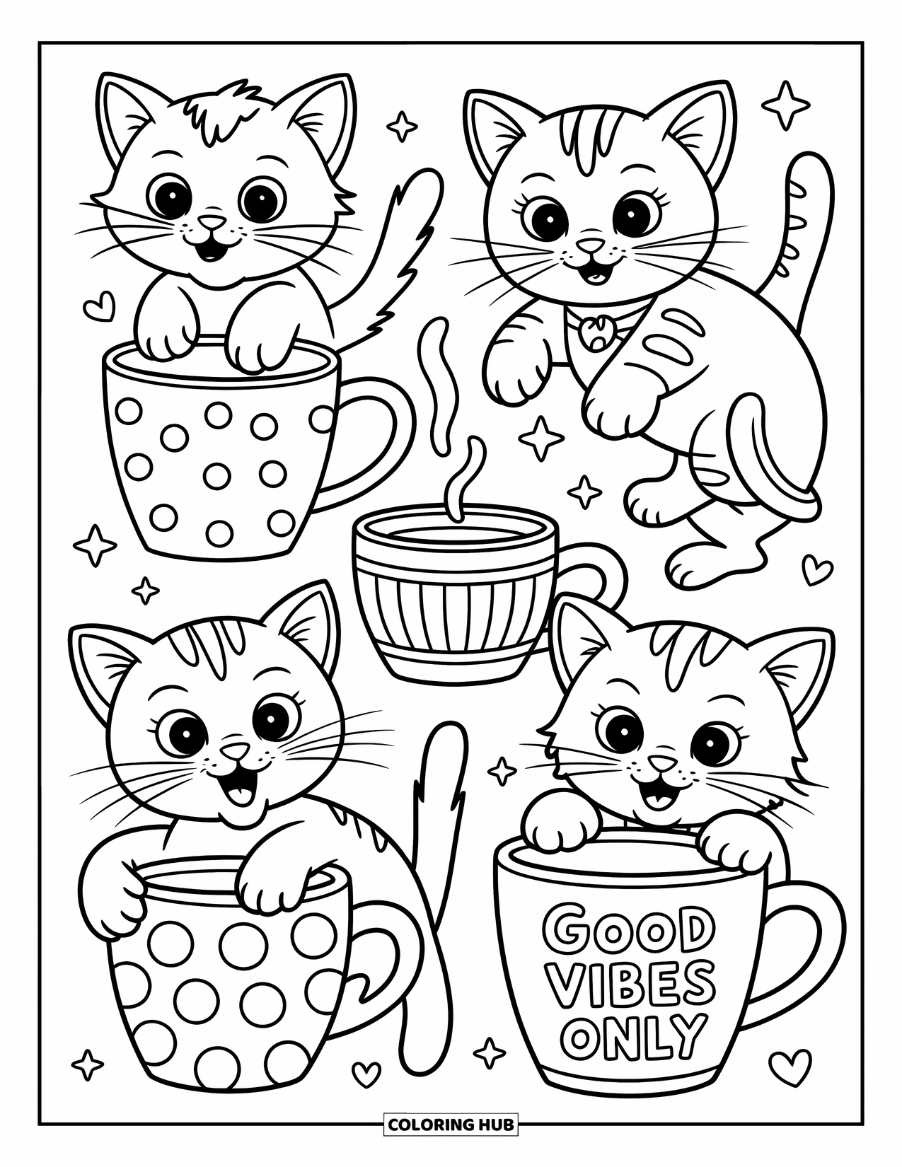 Pattern Coloring Page for Kids: Cats and coffee mugs sit together with stripes, florals, and "Good Vibes Only"