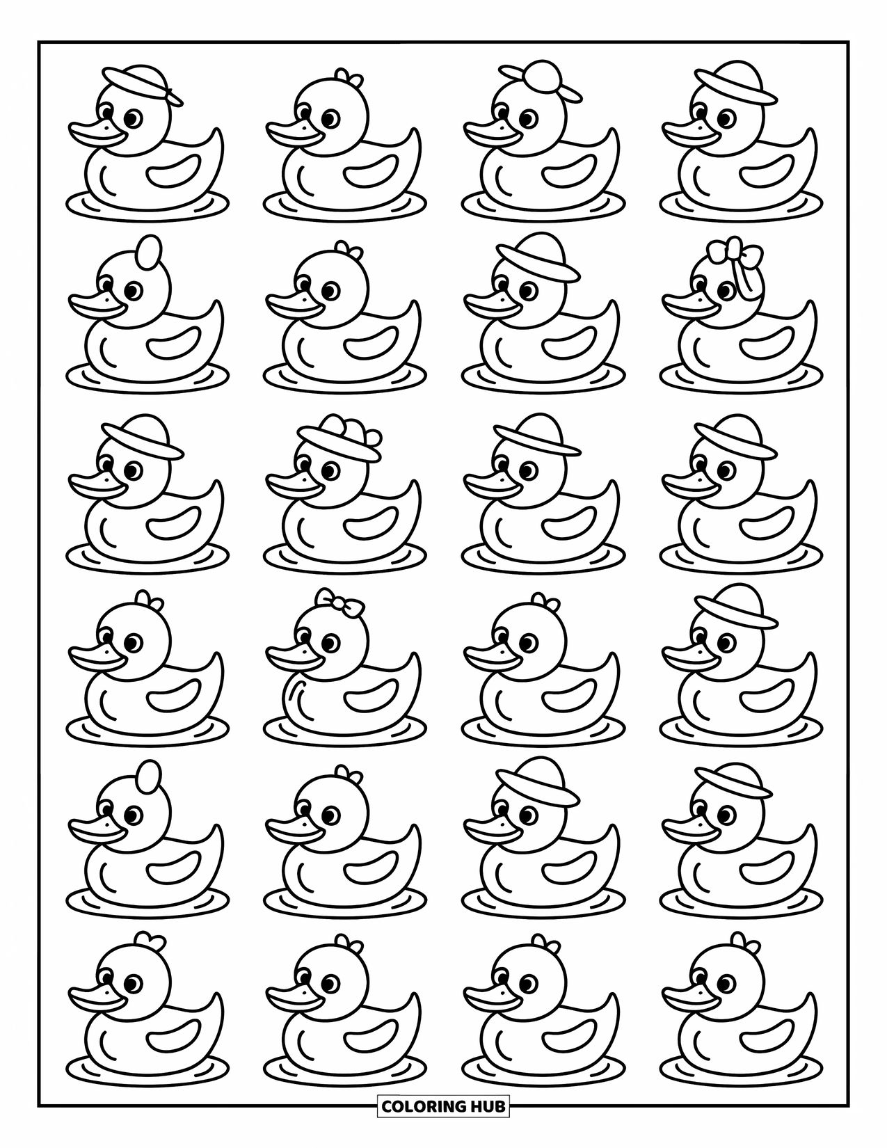 Pattern Coloring Page for Kids: Cheerful rubber ducks with fun faces and cute hats line up in a happy pattern