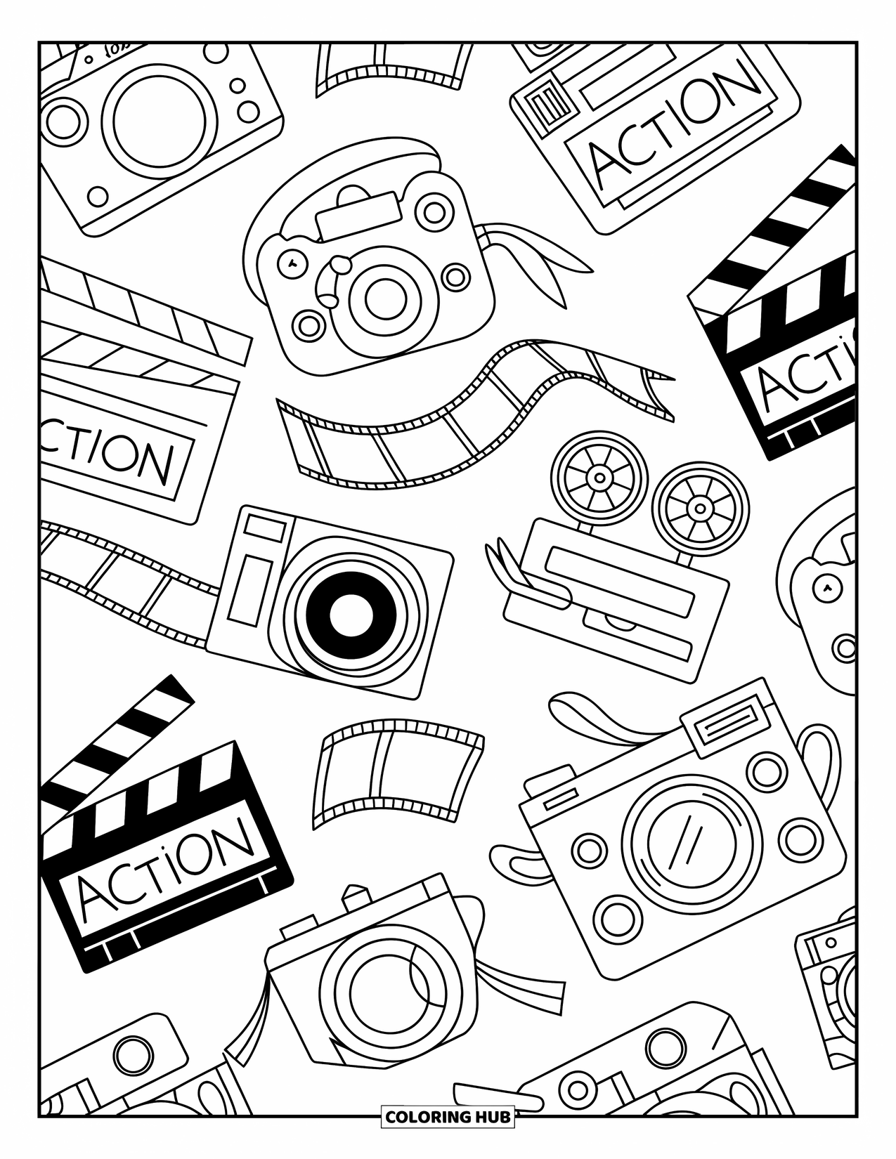 Pattern Coloring Page for Kids: Classic film gear flows with ribbons and film strips in a lively, playful design