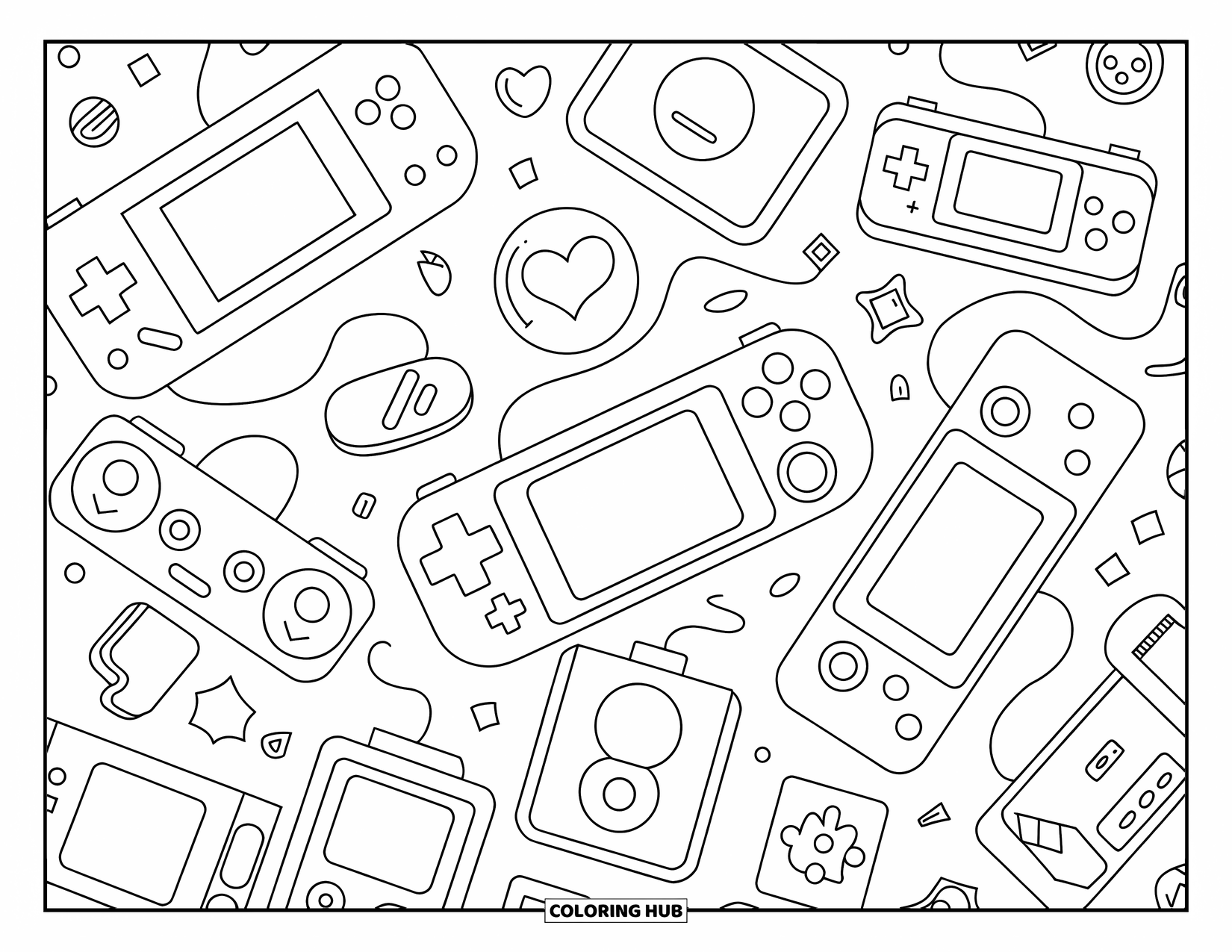 Pattern Coloring Page for Kids: Consoles, buttons, and pixel characters mix in a fun, layered gaming scene