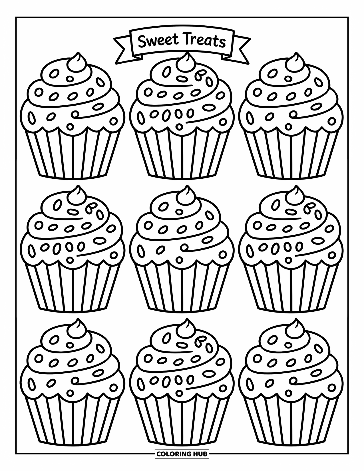 Pattern Coloring Page for Kids: Cupcakes with swirls, sprinkles, and bows line up under a "Sweet Treats" banner