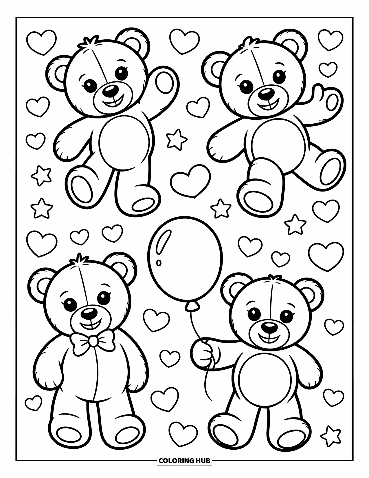 Pattern Coloring Page for Kids: Cute teddy bears with big paws and sweet smiles pose in a soft, fun layout