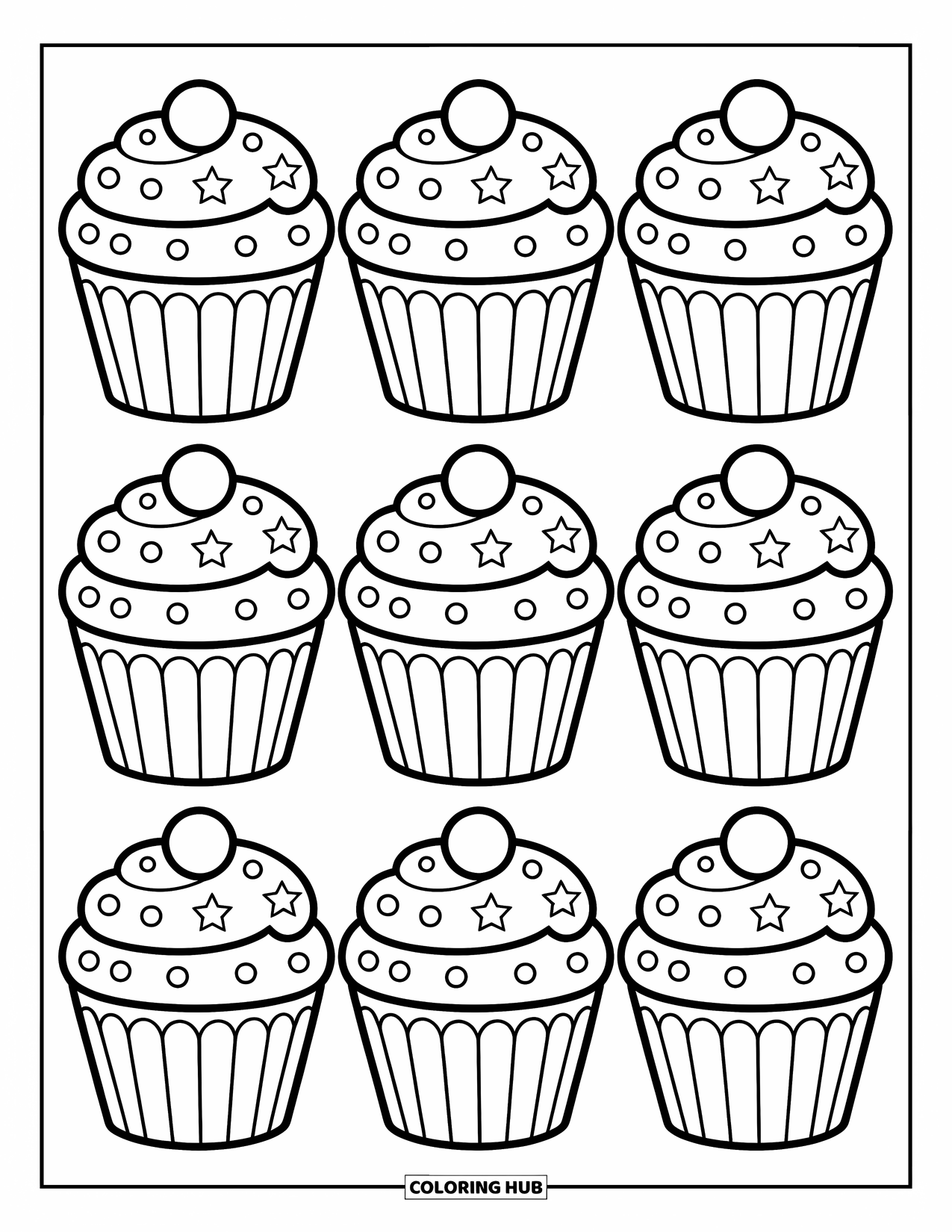 Pattern Coloring Page for Kids: Decorated cupcakes with sprinkles and swirls repeat in a fun and cheerful layout