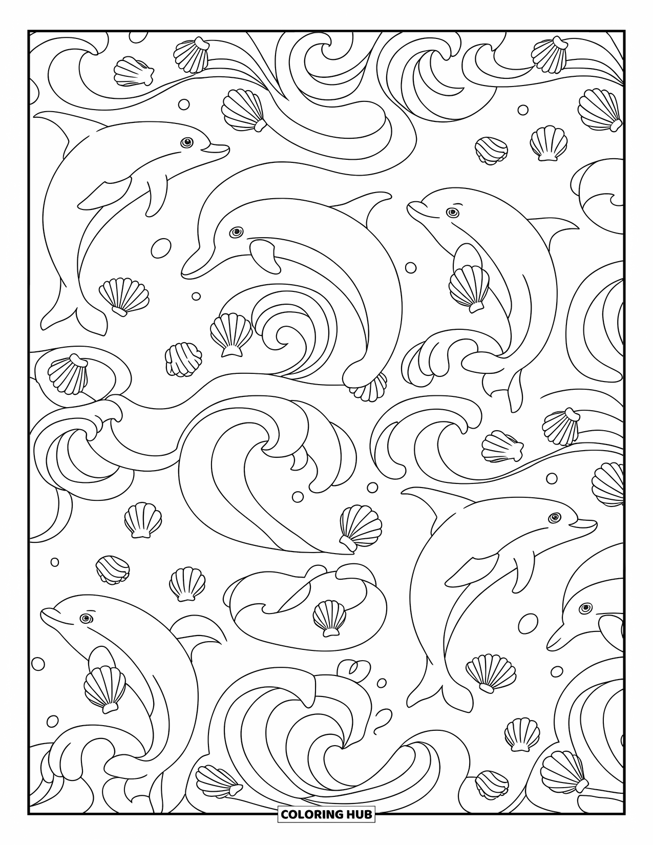 Pattern Coloring Page for Kids: Dolphins leap through waves with seashells in a bubbly ocean loop