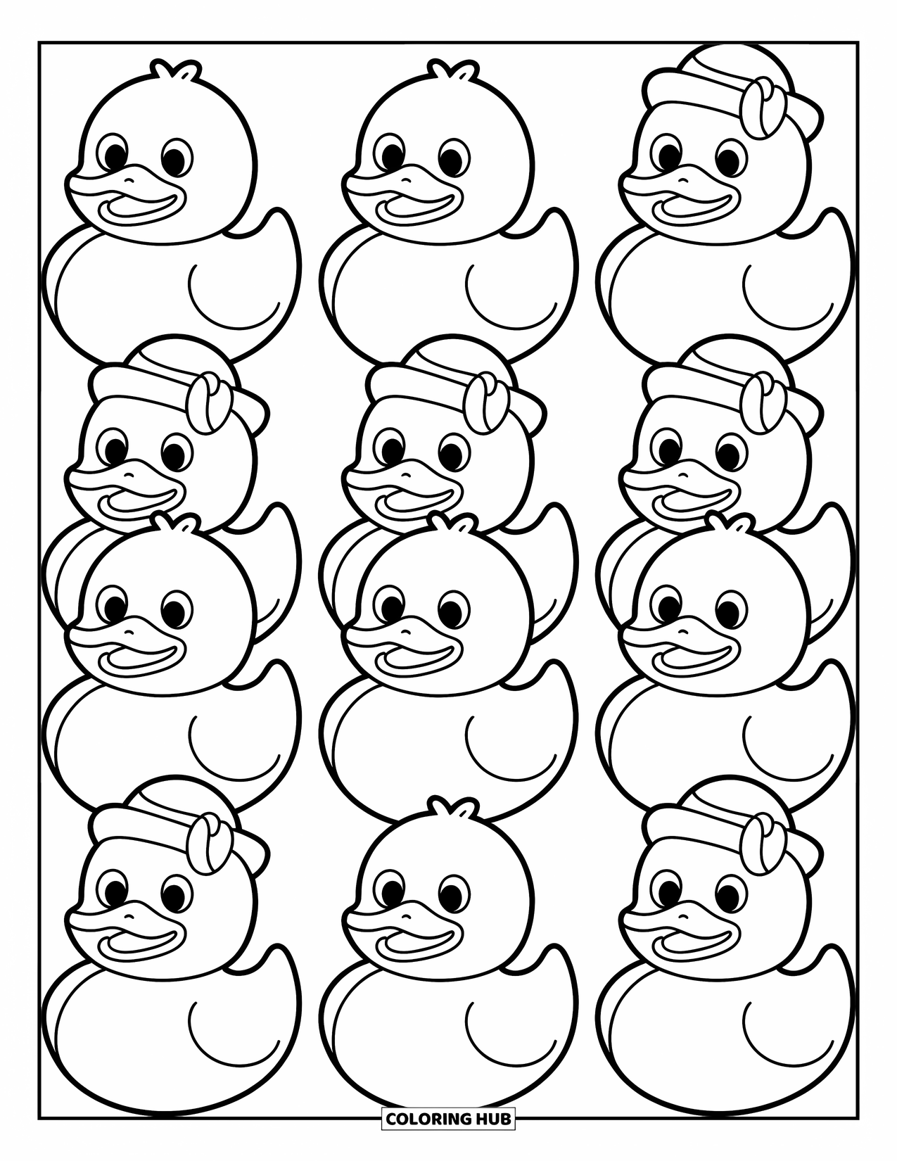 Pattern Coloring Page for Kids: Ducks with bow ties and sunny faces float together in a cheerful, even pattern
