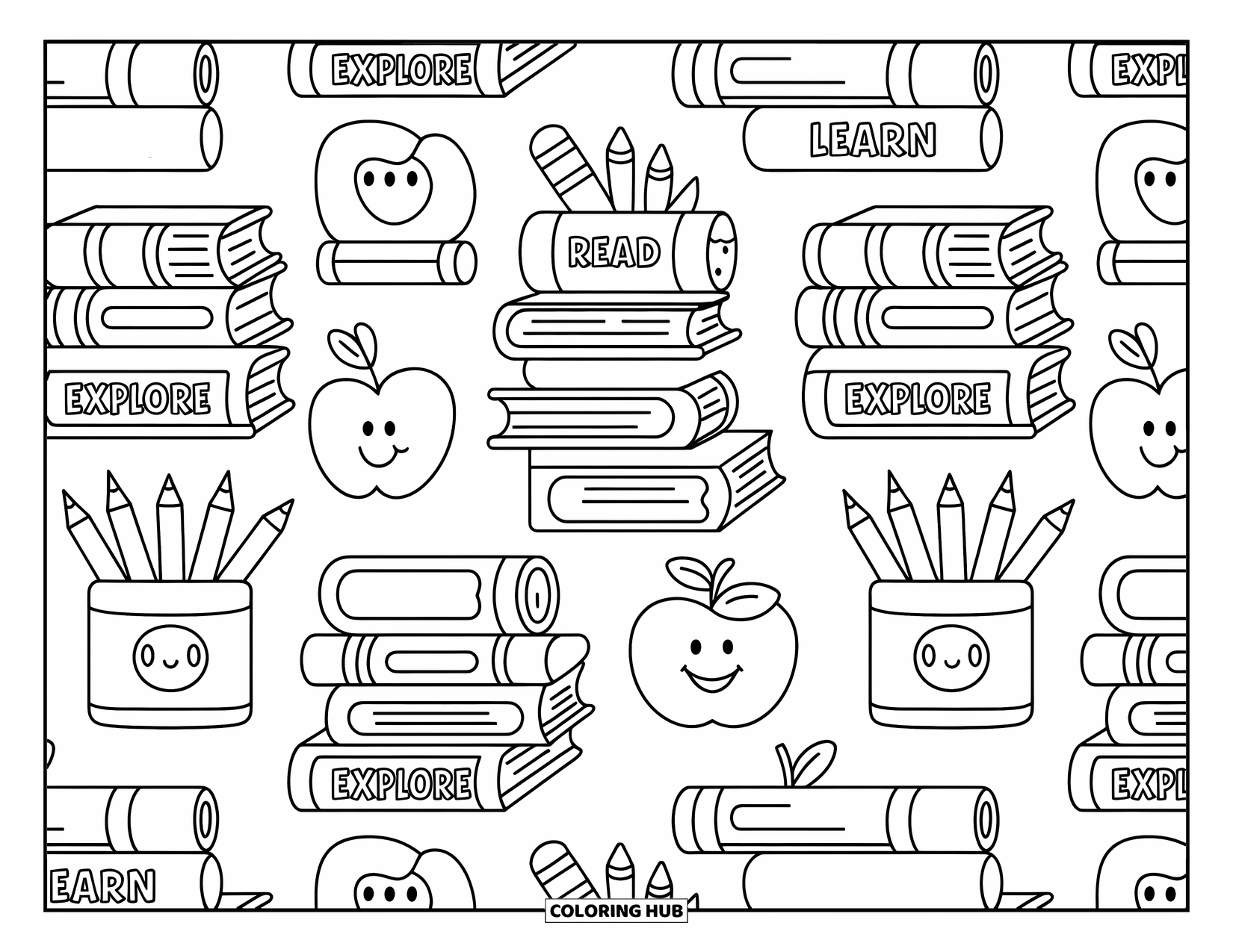 Pattern Coloring Page for Kids: Happy apples, books, and pencil jars form a cheerful classroom-inspired setup
