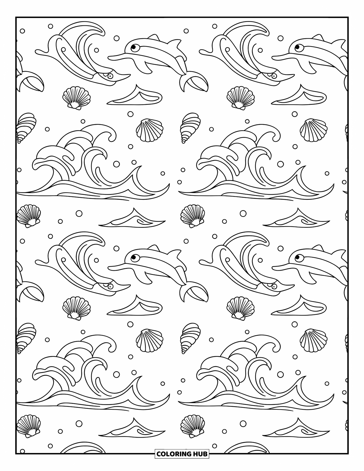 Pattern Coloring Page for Kids: Happy dolphins and seashells swim together in a flowing, playful ocean scene