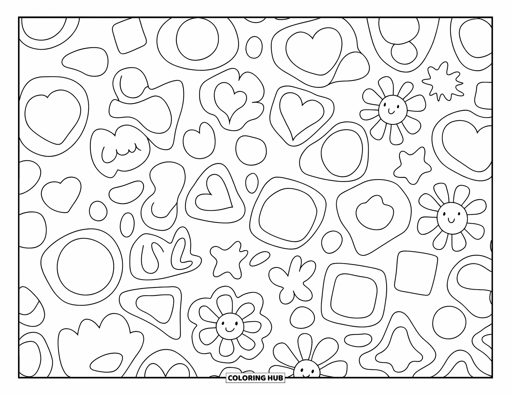Pattern Coloring Page for Kids: Happy shapes, smiling suns, and flowers repeat in a friendly preschool pattern