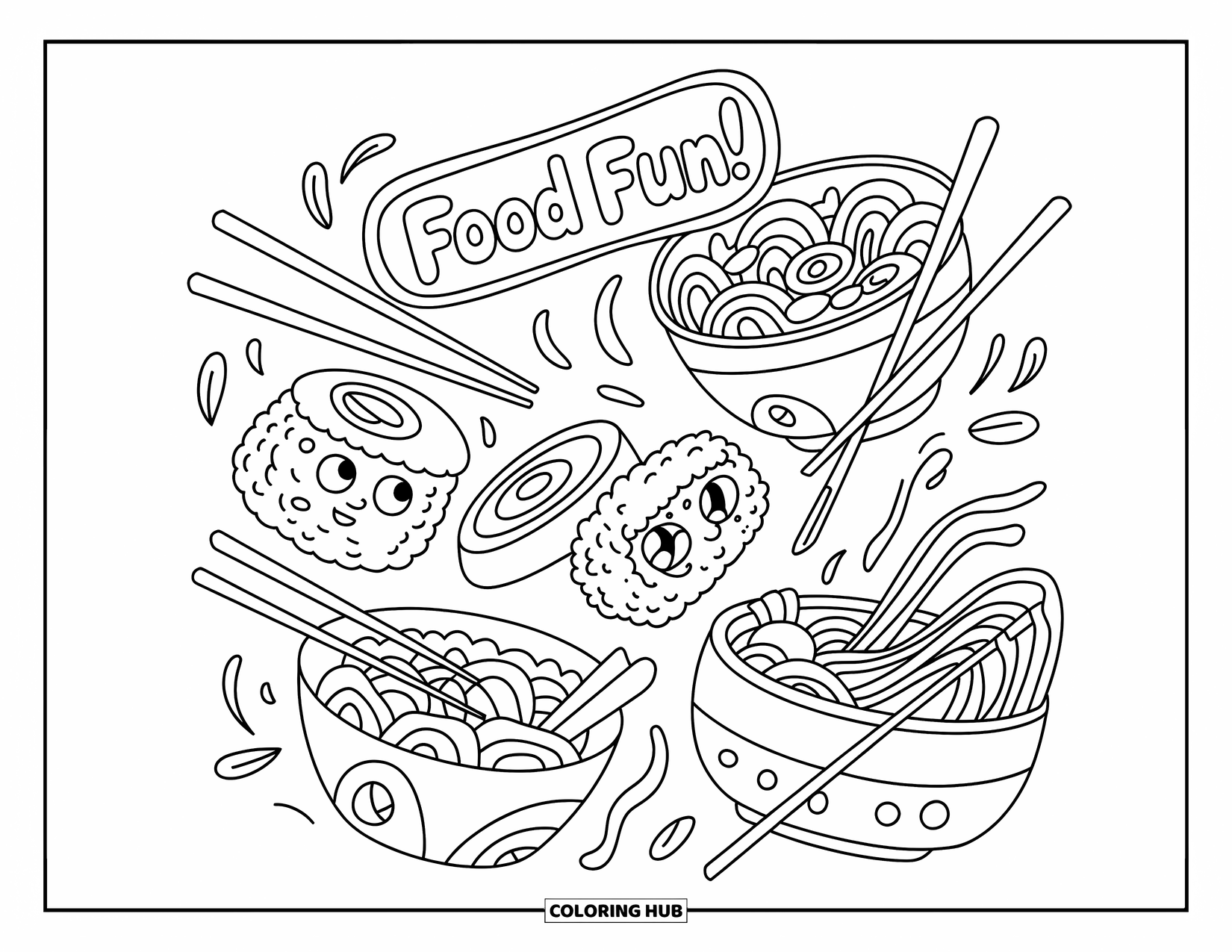 Pattern Coloring Page for Kids: Happy sushi, noodles, and playful chopsticks come together in a cheerful design