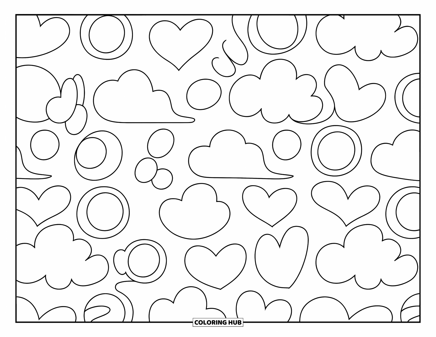 Pattern Coloring Page for Kids: Hearts, clouds, and circles float together in a soft and joyful pattern
