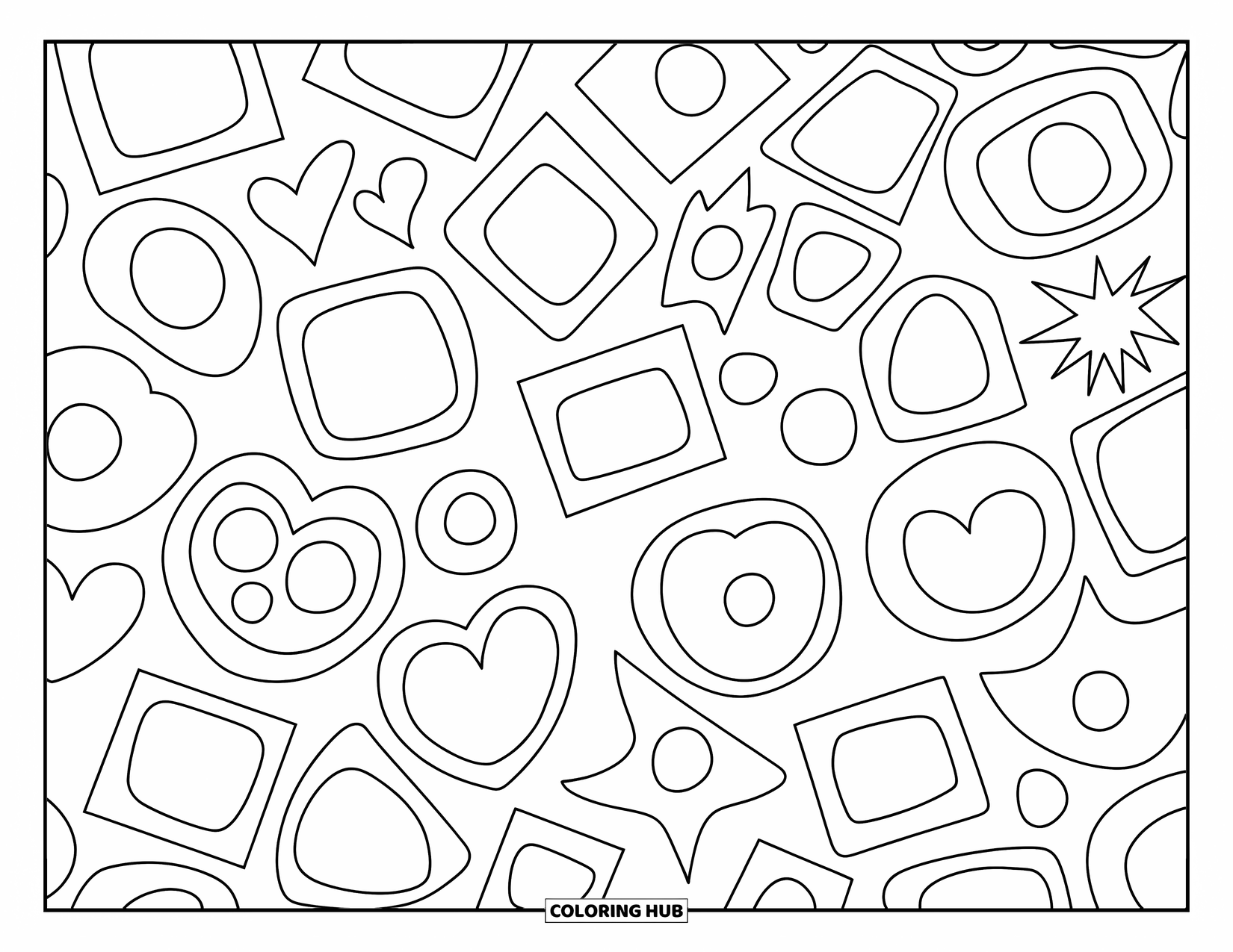 Pattern Coloring Page for Kids: Hearts, stars, circles, and triangles fill the page in a fun and playful mix