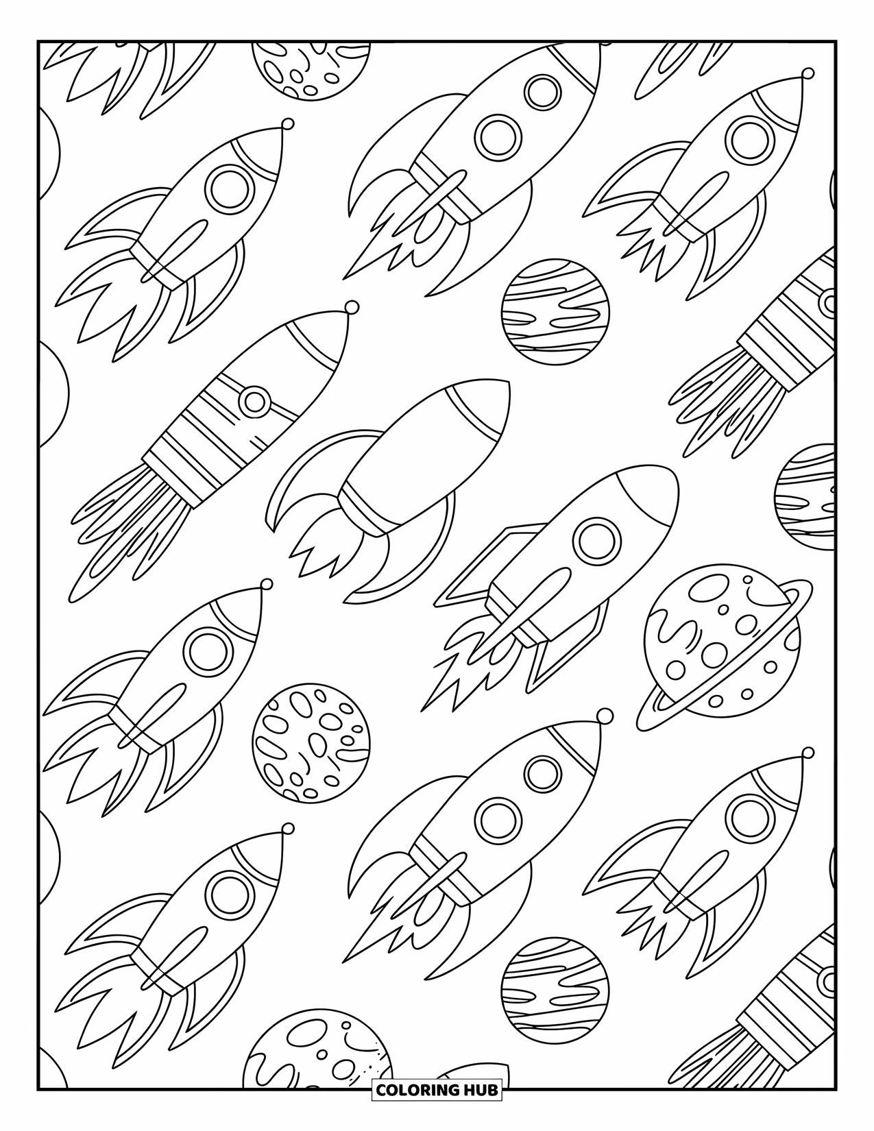 Pattern Coloring Page for Kids: Planets and rockets line up with craters and flames in a fun cosmic design