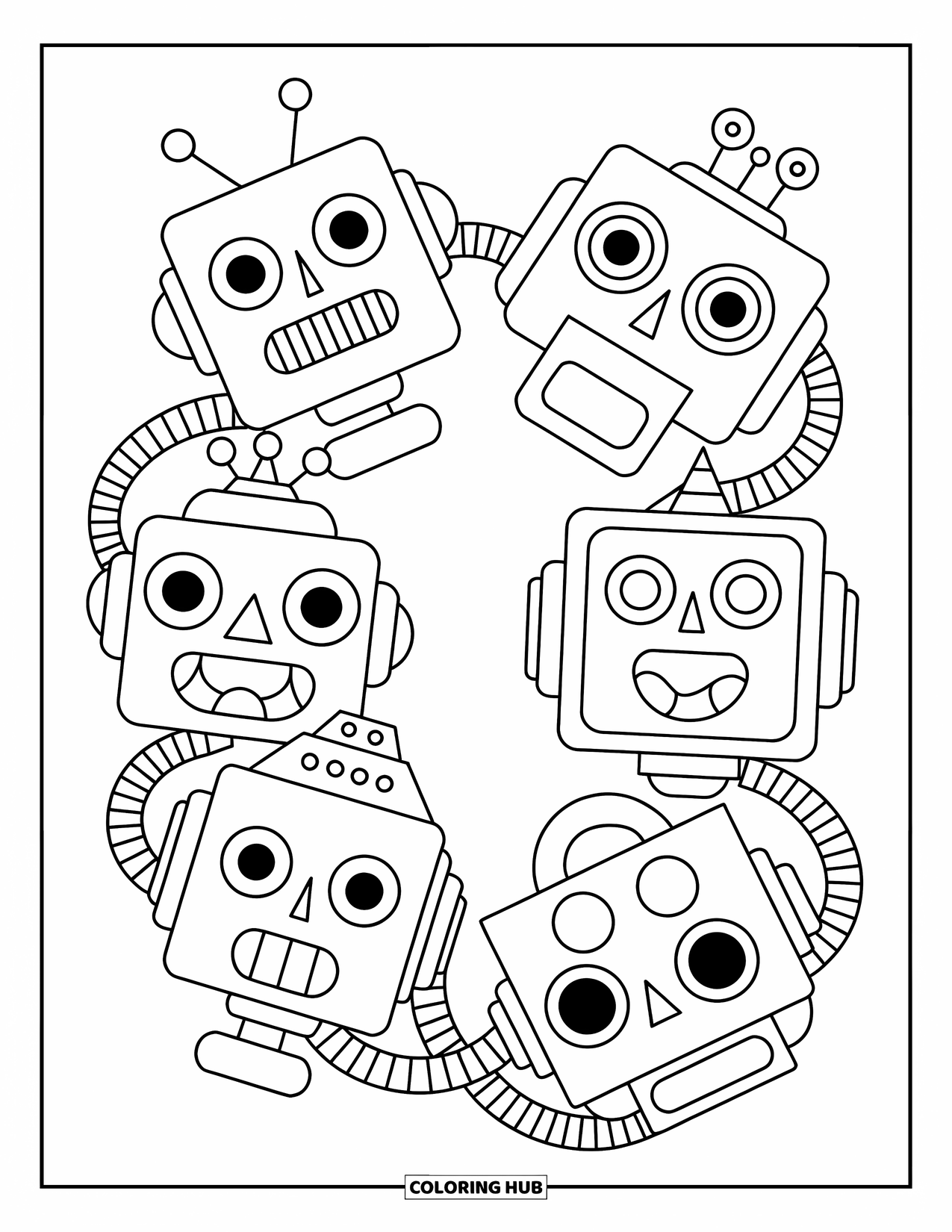Pattern Coloring Page for Kids: Robot heads with fun eyes and shapes connect in a looping techy circle