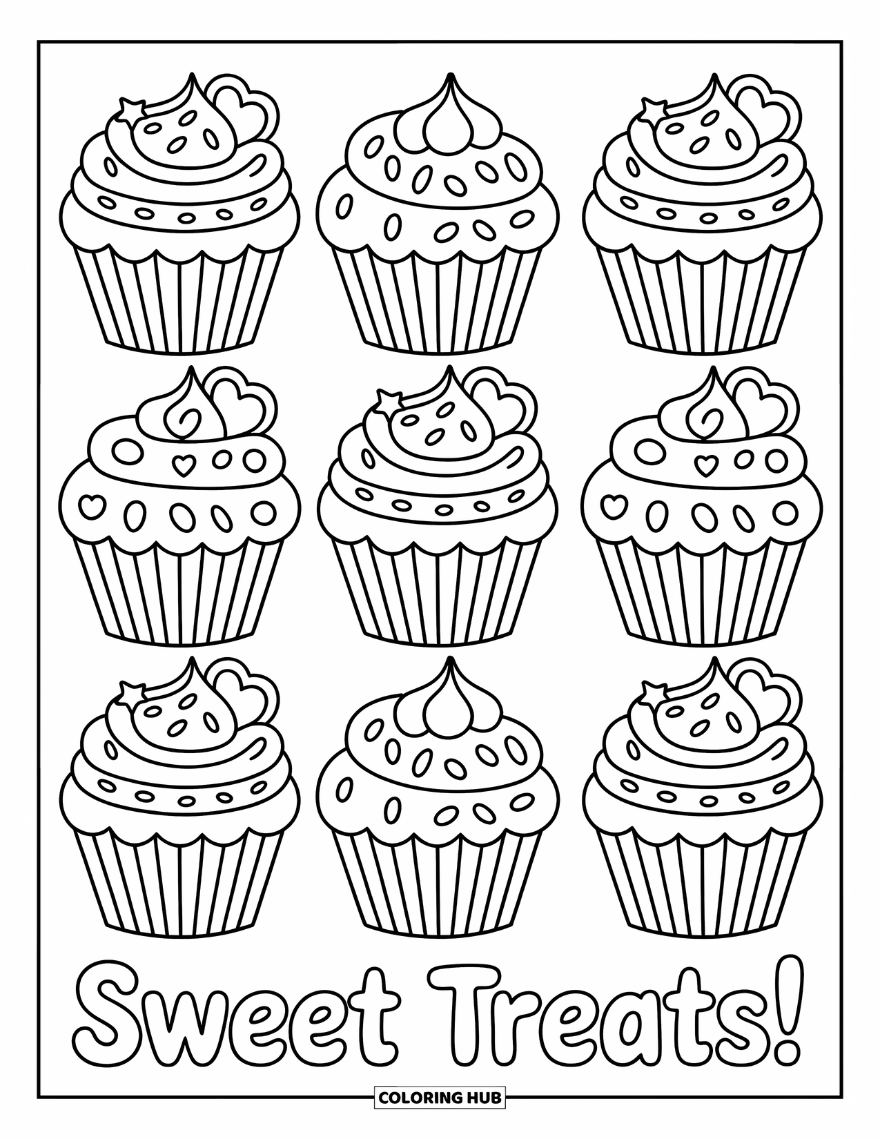 Pattern Coloring Page for Kids: Rows of cupcakes with frosting peaks and candy hearts form a tasty, playful pattern