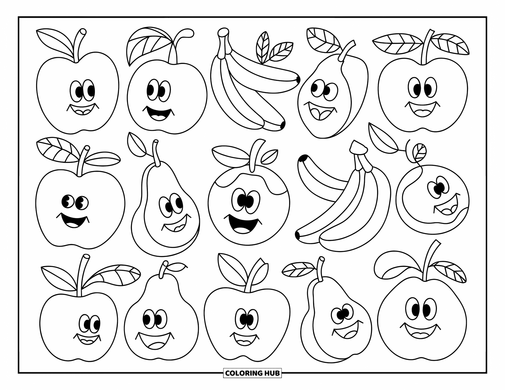 Pattern Coloring Page for Kids: Smiling apples, bananas, and pears sit in rows with cute little details