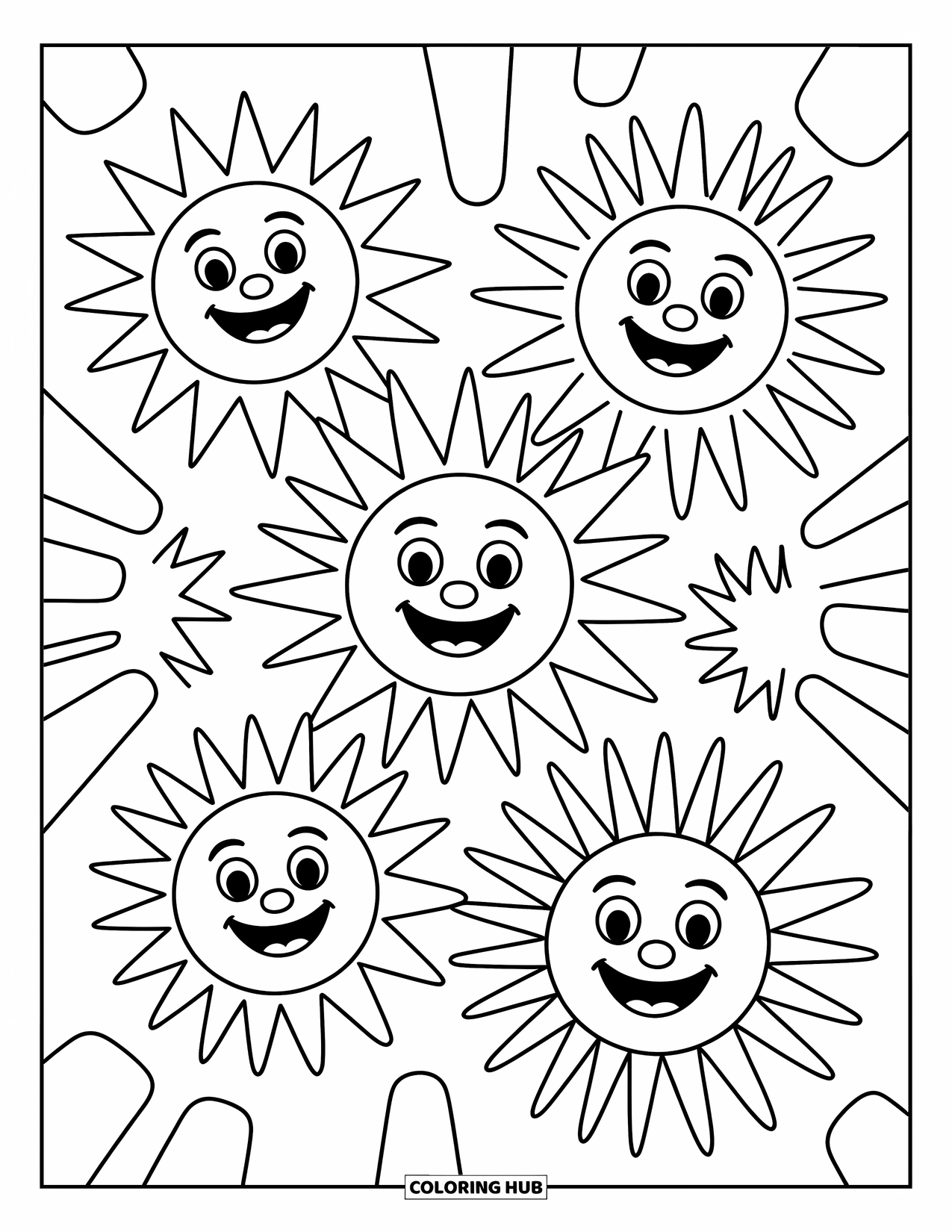 Pattern Coloring Page for Kids: Smiling suns shine in a circle with playful rays and happy little faces