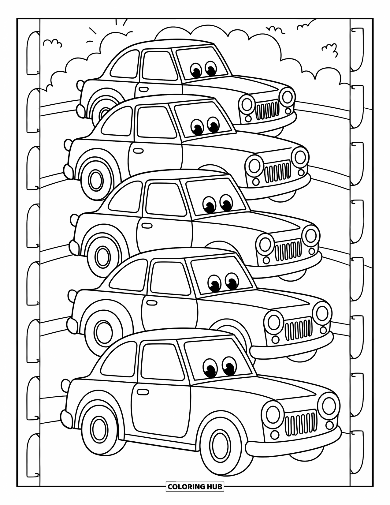Pattern Coloring Page for Kids: Smiling vintage cars roll under clouds with a "FUN DAY!" banner above