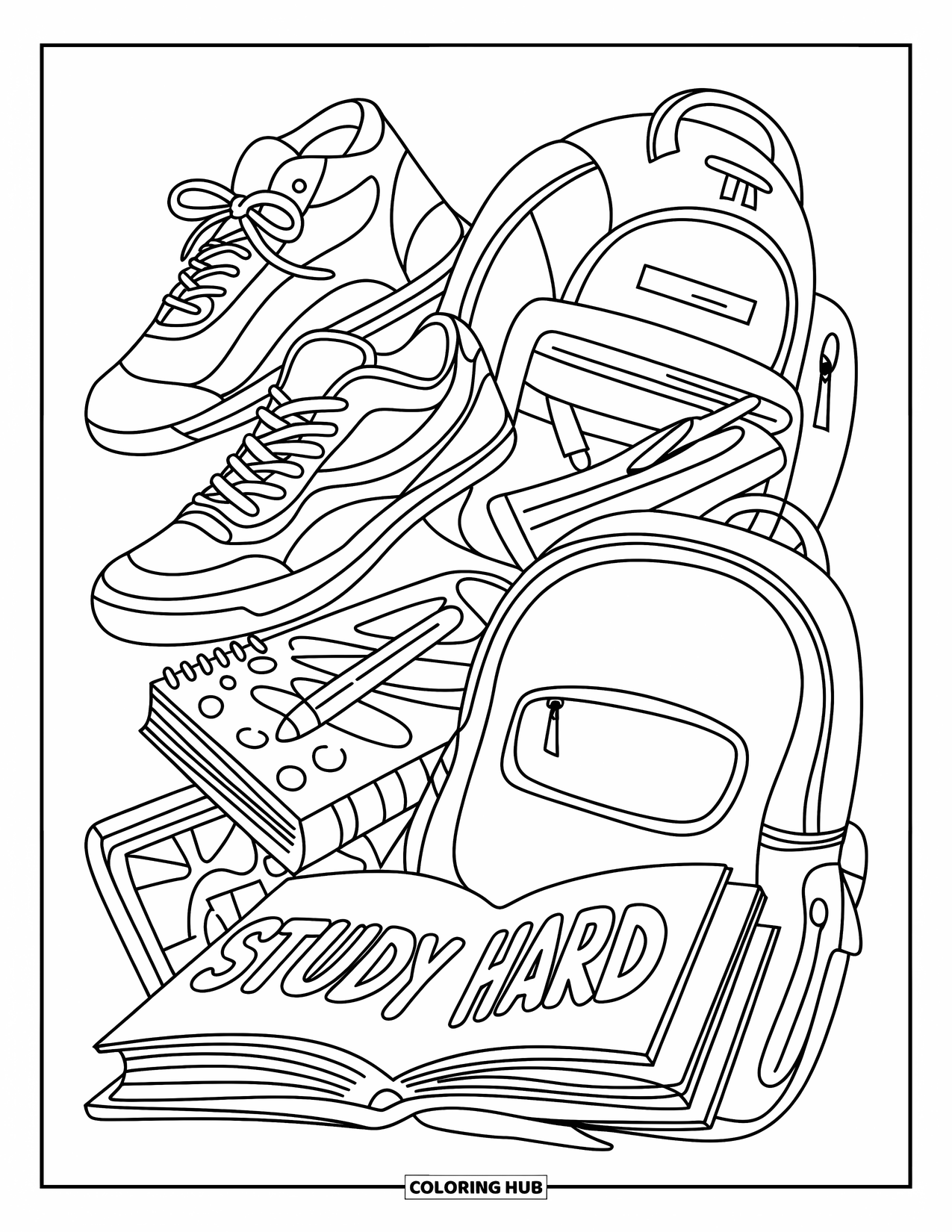 Pattern Coloring Page for Kids: Sneakers, backpacks, and notebooks surround an open book that says "Study Hard"