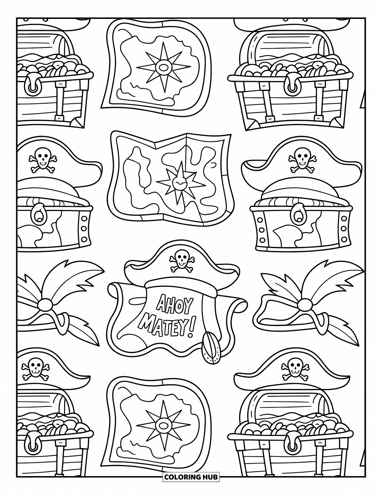 Pattern Coloring Page for Kids: Treasure chests, pirate hats, and rolled maps dance in a bold "Ahoy Matey!" design
