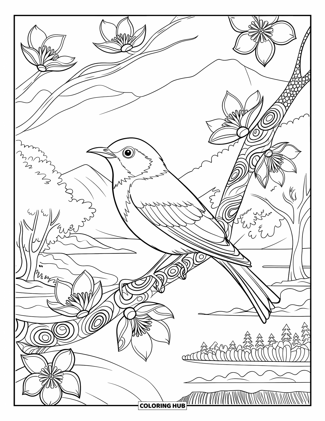 Pet Coloring Page for Adults: A bird perches on a decorated branch surrounded by blossoms and trees