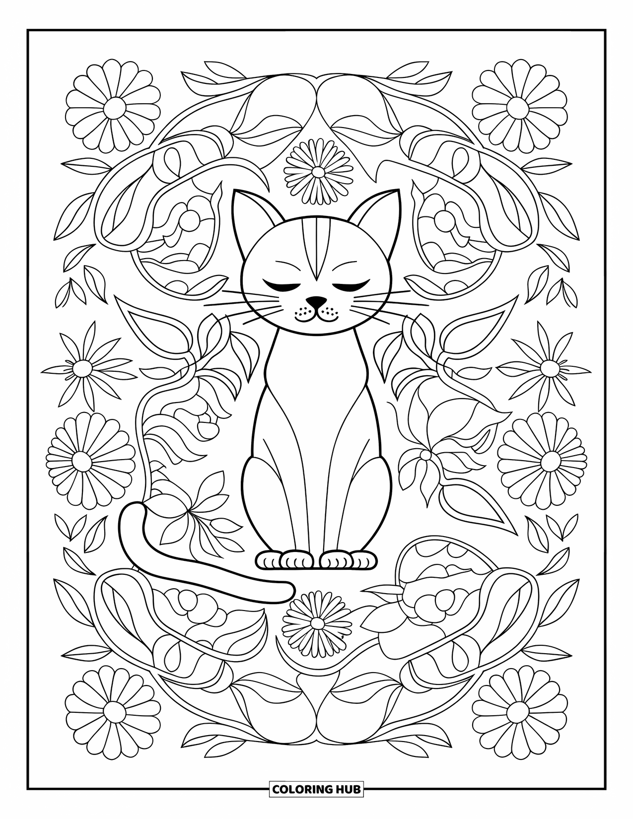 Pet Coloring Page for Adults: A calm cat relaxes among swirling floral mandalas and vines