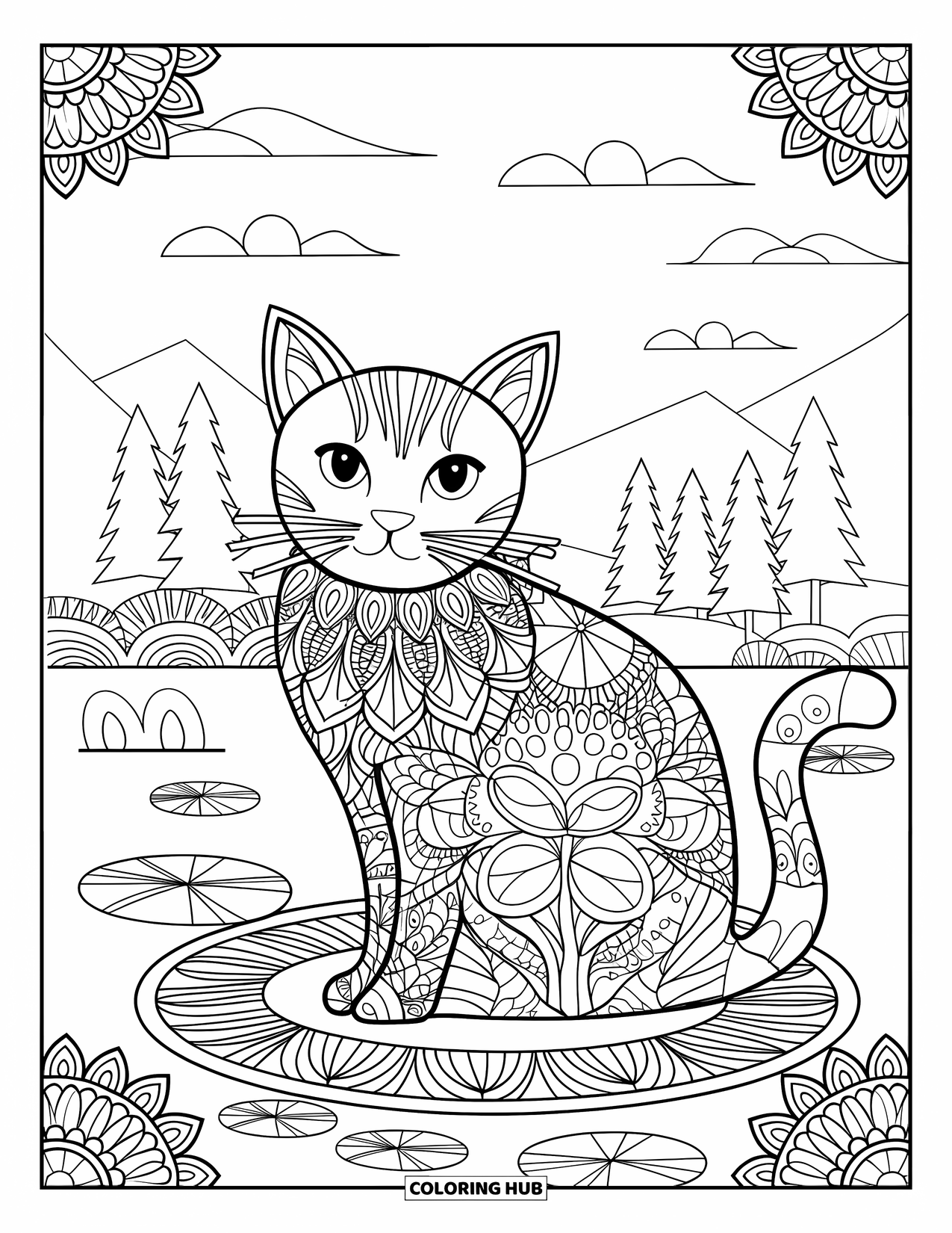 Pet Coloring Page for Adults: A cat sits on a lily pad with flowers and mandala patterns around