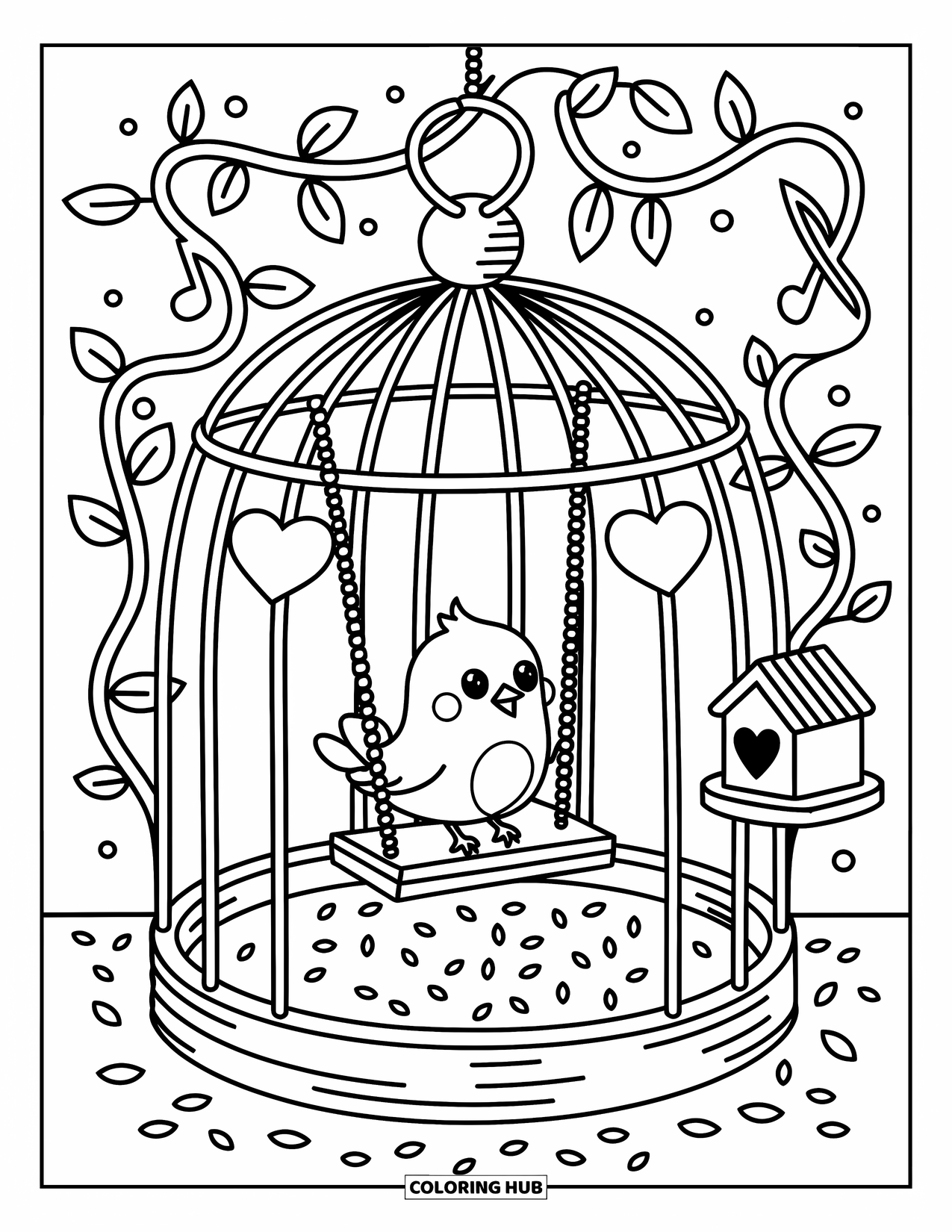 Pet Coloring Page for Adults: A cheerful bird swings in a heart-shaped cage with seeds and floating notes