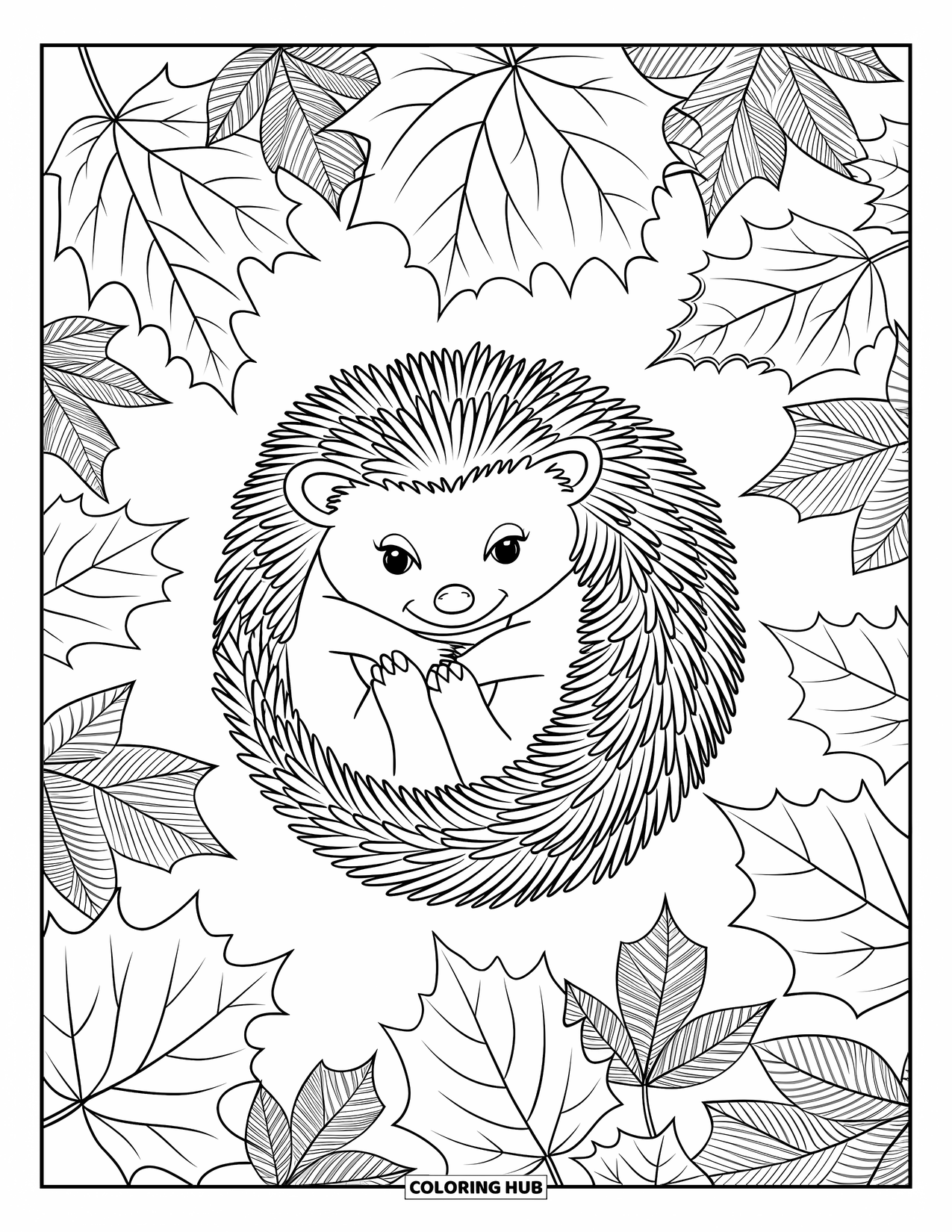 Pet Coloring Page for Adults: A cozy hedgehog rests in the center of patterned fall leaves